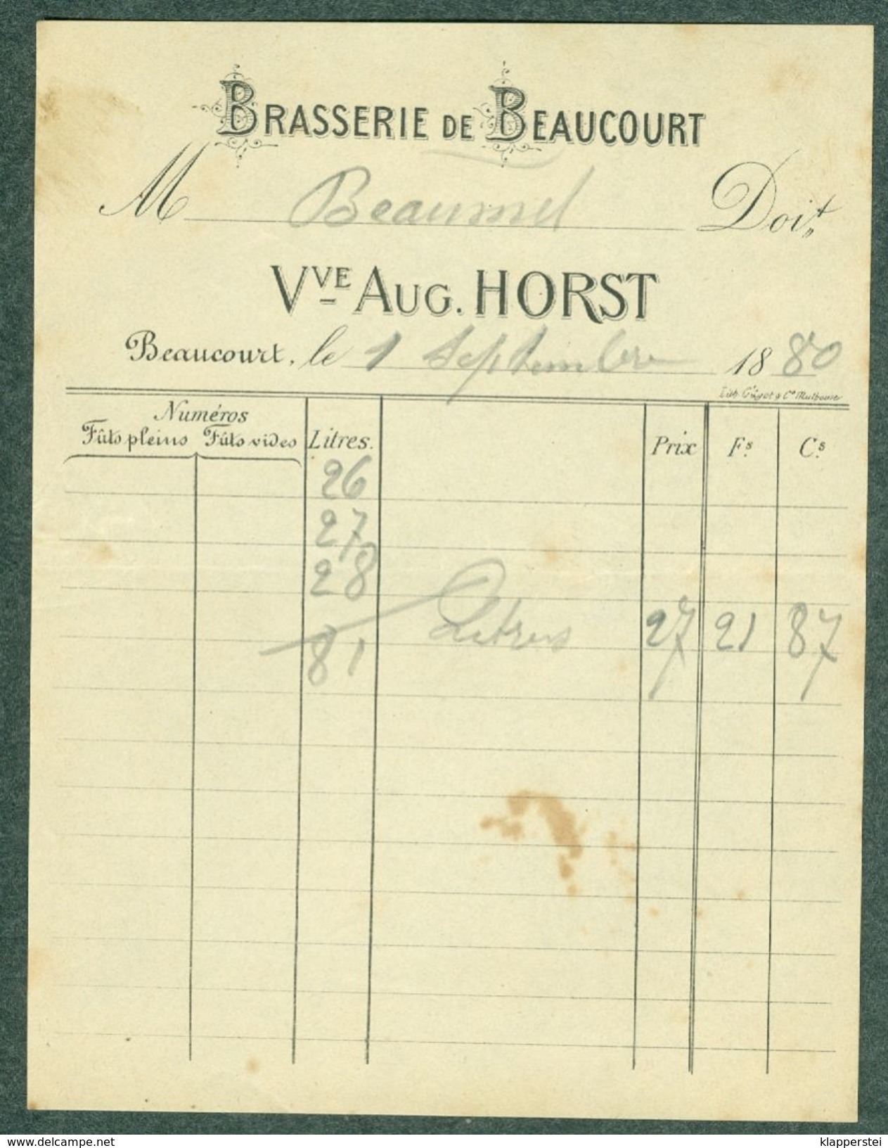 90 - Brasserie De Beaucourt Facture Bière 1880 Veuve Auguste Horst Bier Brauerei - Factures