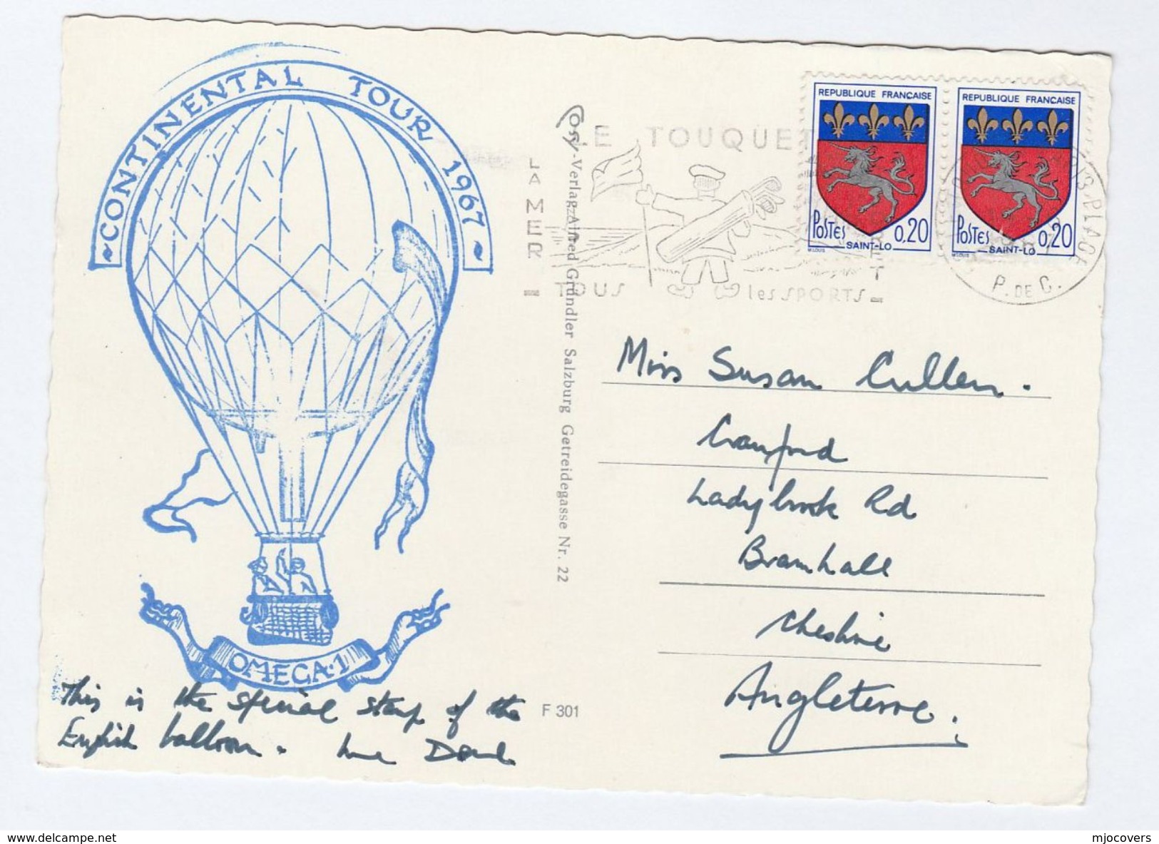 1967 Touquet France BALLOON FLIGHT COVER (card)  Ballooning Stamps Postcard Salzburg - Other (Air)