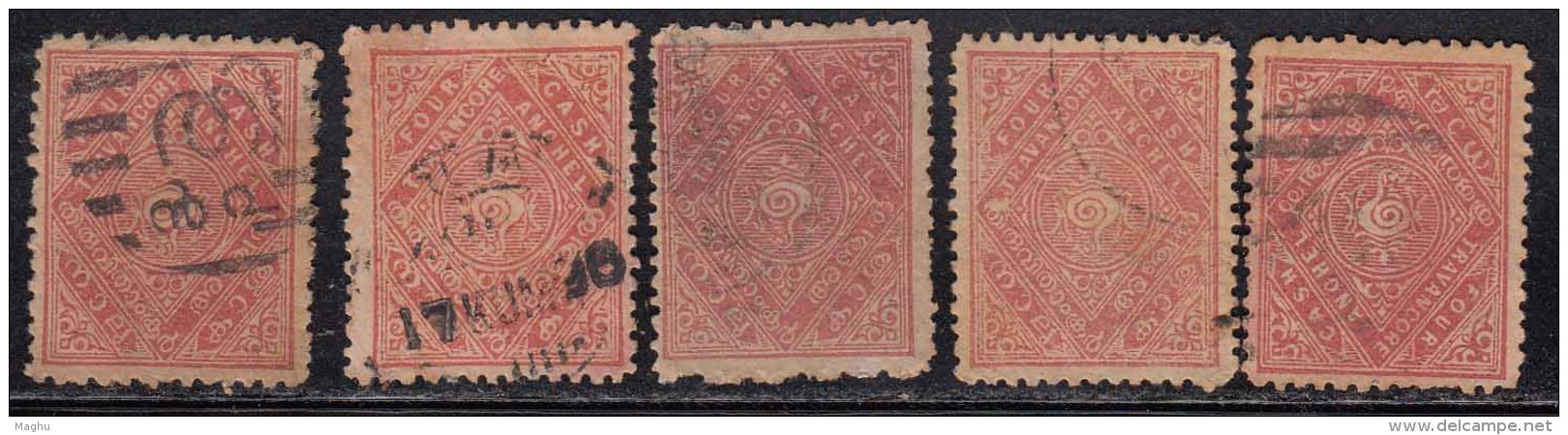 4ch X 5 Perf / Shades Variety, Travancore Used 1889,1904, 1914 (Uncheked Varities) British India, Shell, Coneshell - Travancore