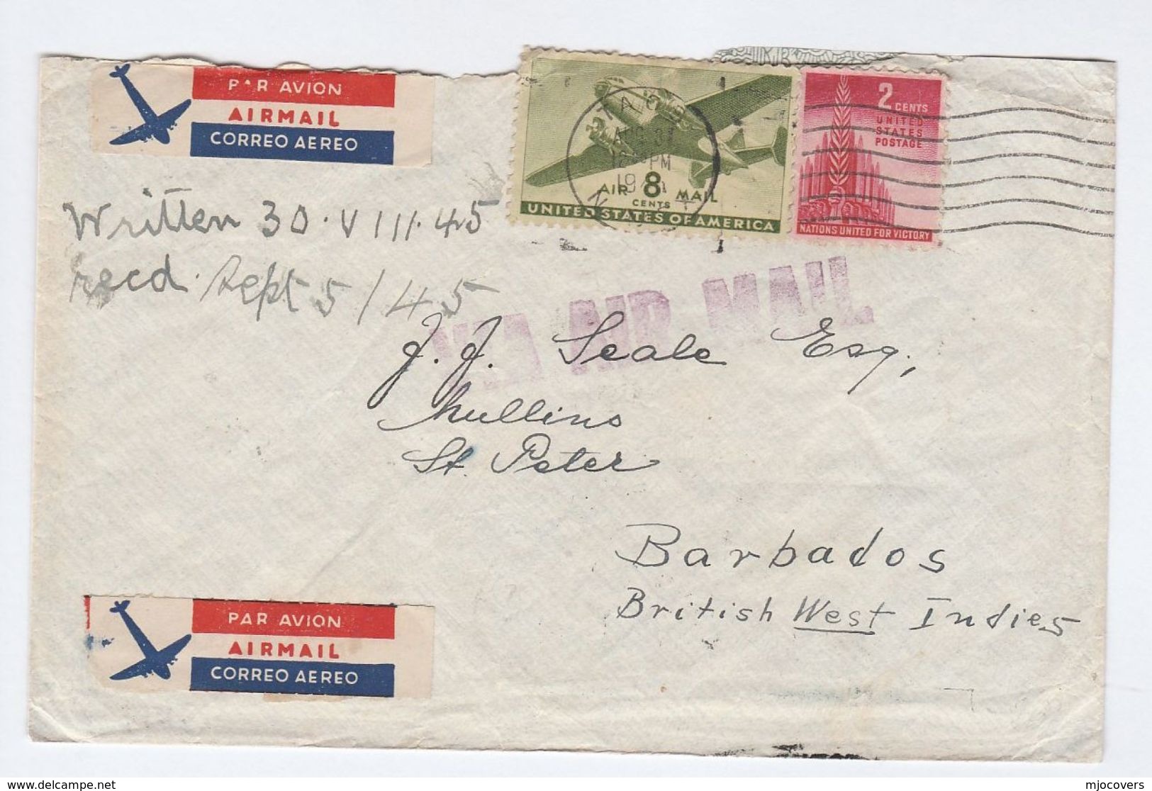 1945 Air Mail USA To BARBADOS COVER  Stamps Airmail Label Flight - Covers & Documents