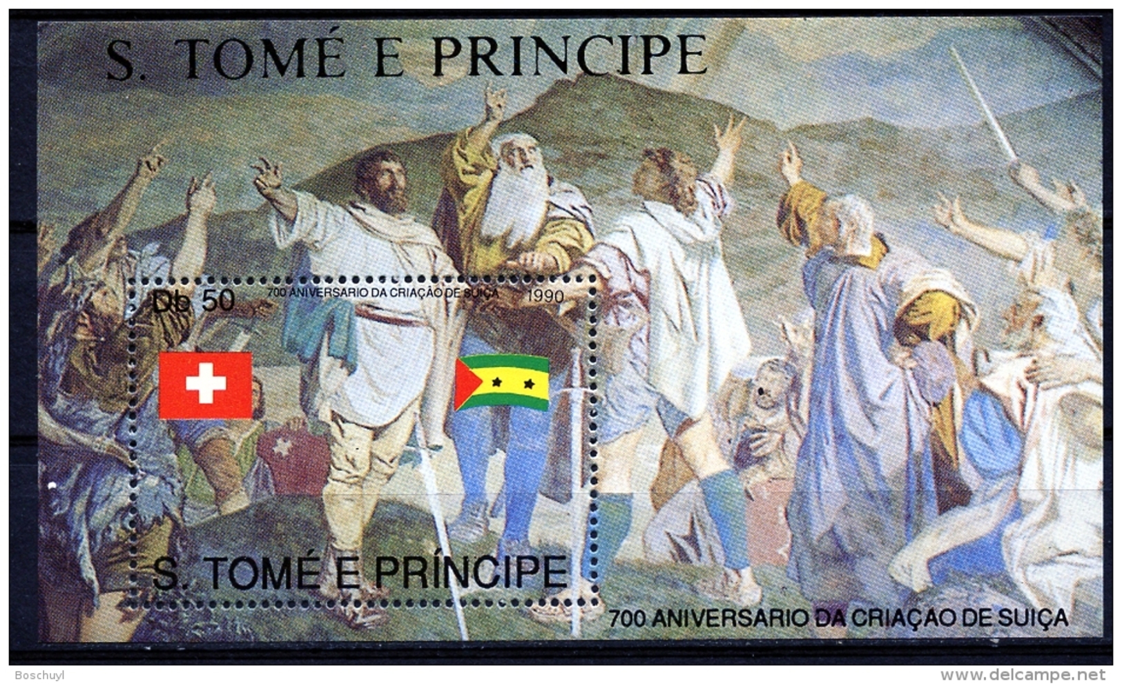 Sao Tome E Principe, 1990, 700th Anniversary Of Switzerland, Oath, MNH, Michel Block 245 - Sao Tome Et Principe