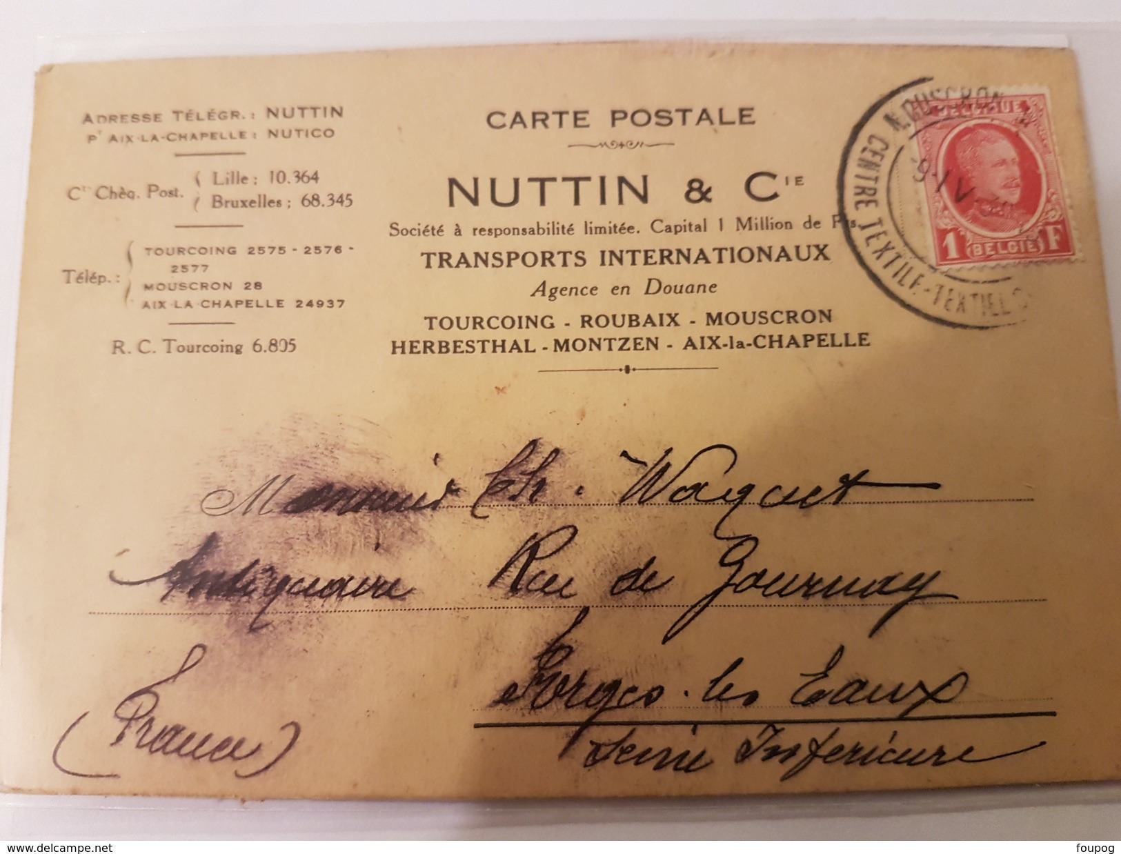 CPA 59 CARTE POSTALE NUTTIN TOURCOING MOUSCRON AVIS EXPEDITION + TIMBRE FISCAL - Trasporti