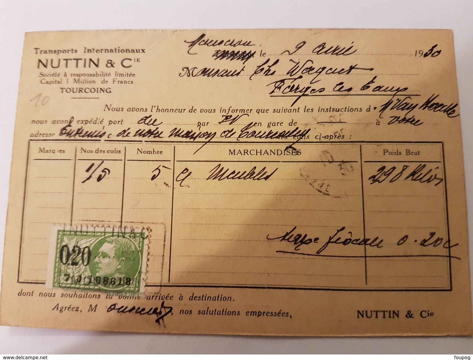 CPA 59 CARTE POSTALE NUTTIN TOURCOING MOUSCRON AVIS EXPEDITION + TIMBRE FISCAL - Transport