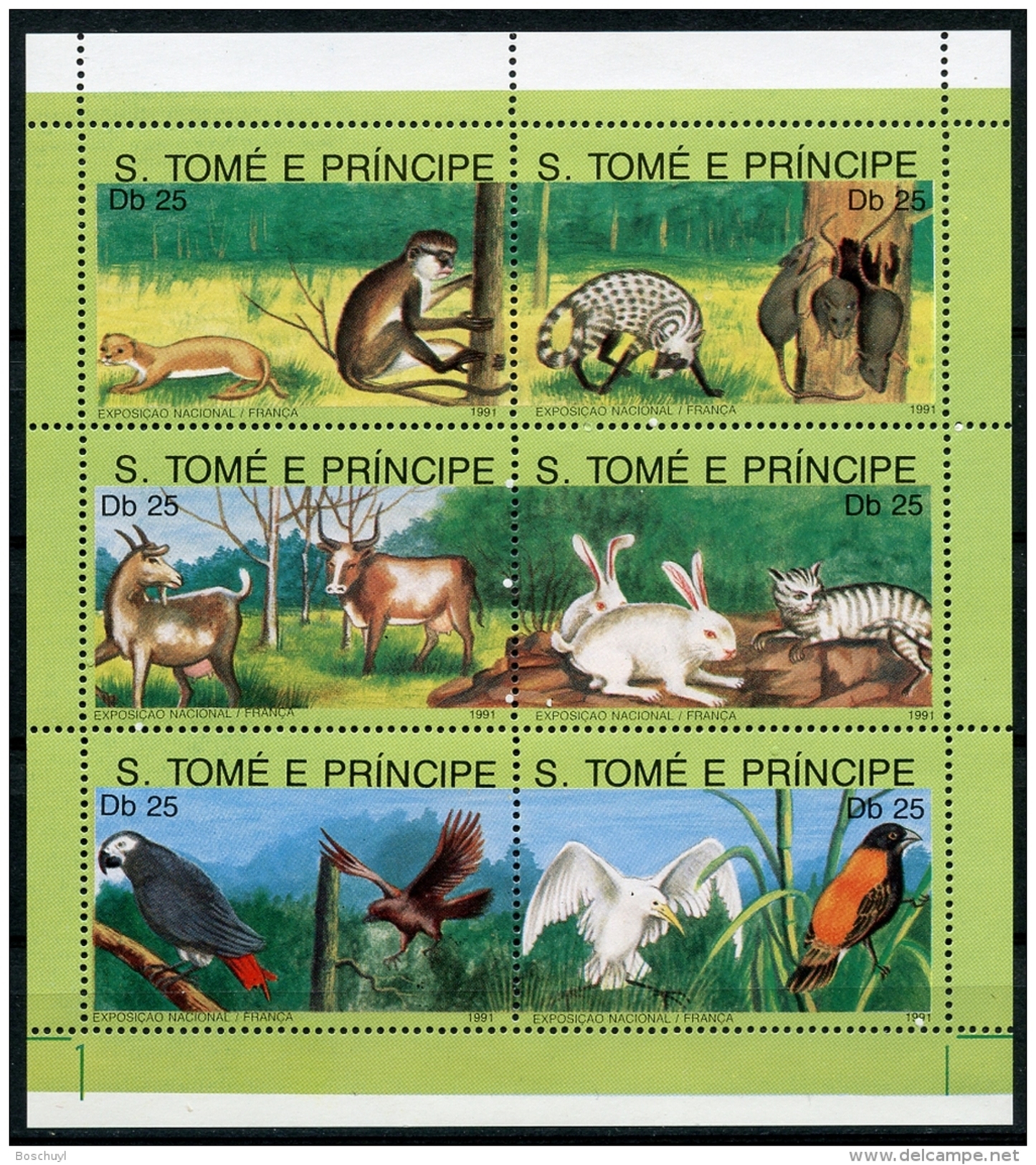Sao Tome E Principe, 1991, Animals, Fauna, MNH Sheet, Michel 1283-1288 - Sao Tome Et Principe