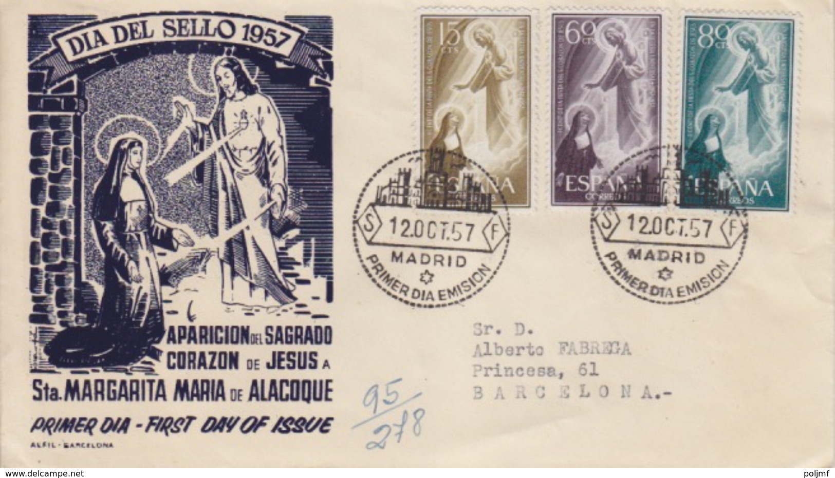 FDC N° 897 à 899 (apparition De Jésus à Ste Marguerite Marie) Obl. 12 Oct 57 Madrid - FDC