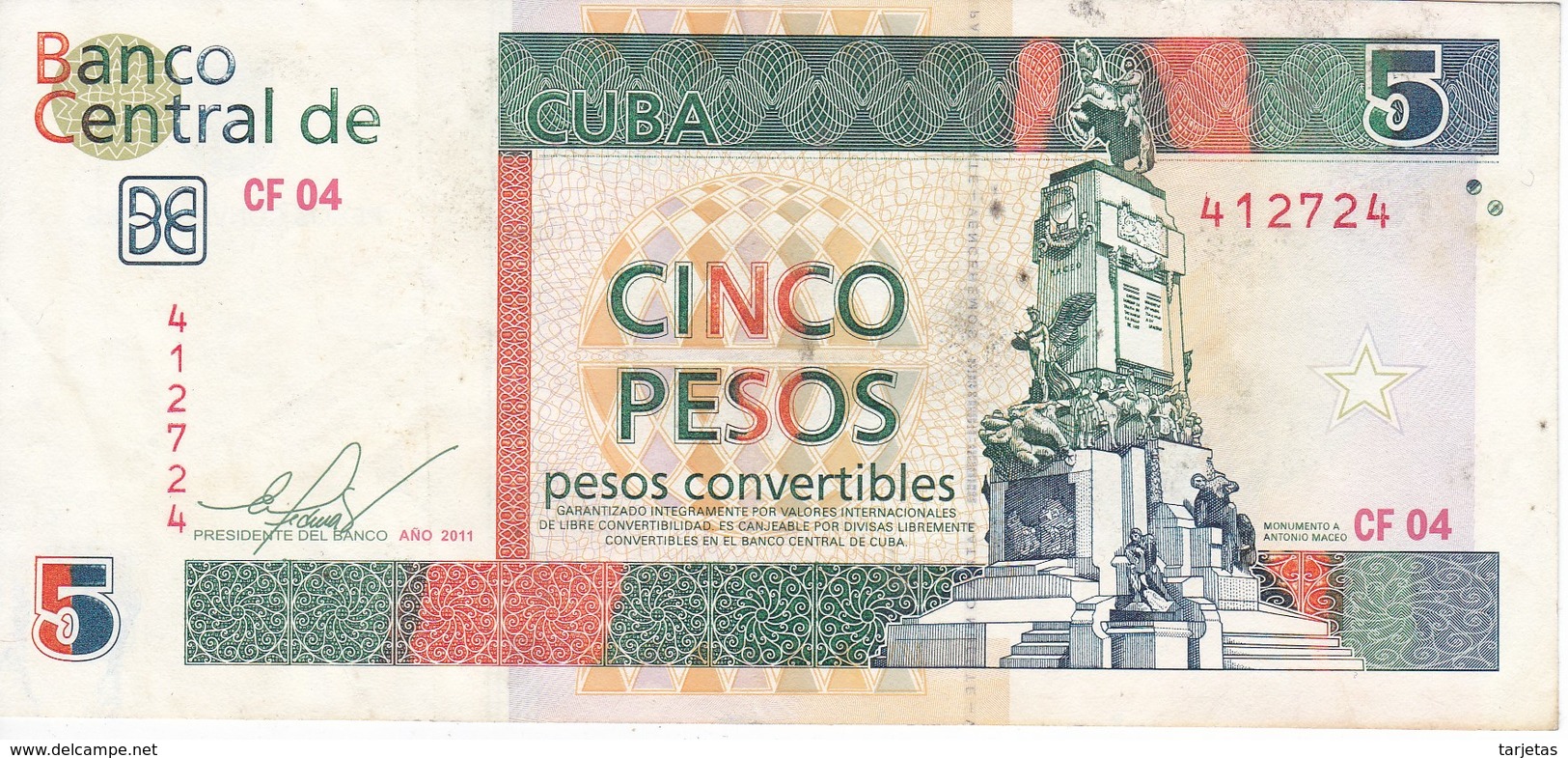 BILLETE DE CUBA DE 5 PESOS CONVERTIBLES DEL AÑO 2011  (BANKNOTE) ANTONIO MACEO - Cuba