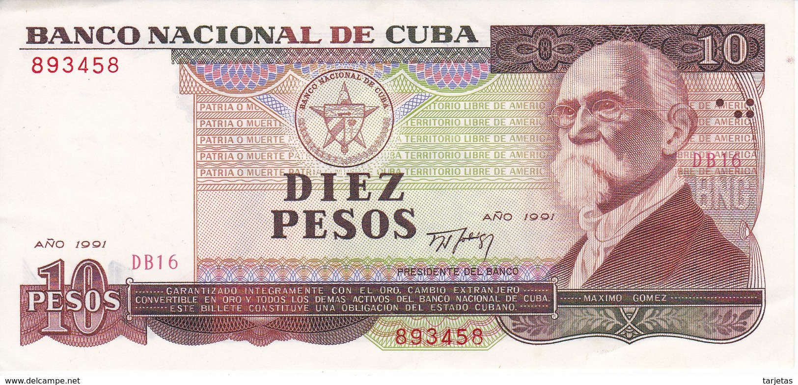 BILLETE DE CUBA DE 10 PESOS DEL AÑO 1991 DE MAXIMO GOMEZ CALIDAD EBC (XF)  (BANKNOTE) - Cuba