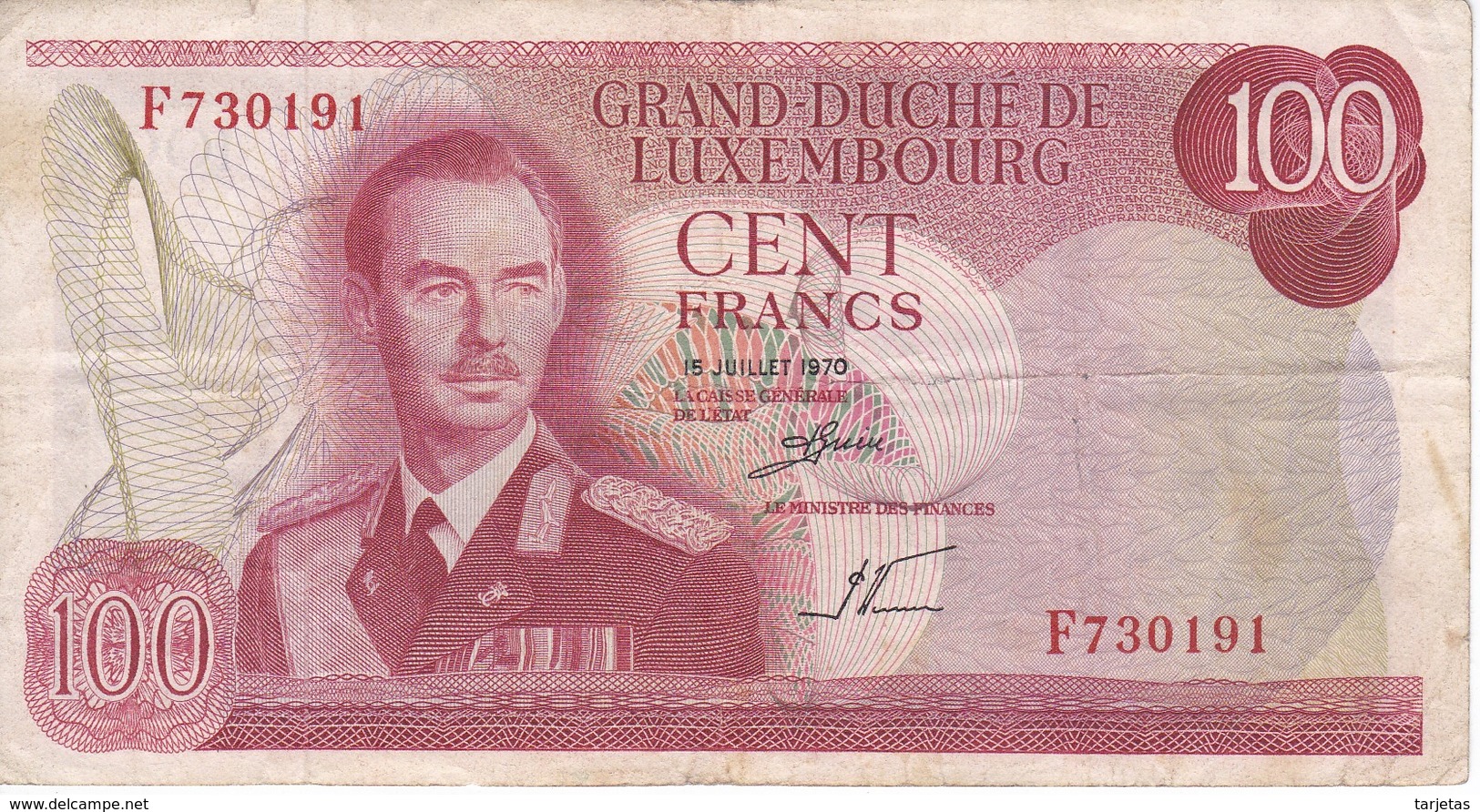 BILLETE DE LUXEMBURGO DE 100 FRANCS DEL  AÑO 1970 SERIE F (BANKNOTE) - Luxemburgo