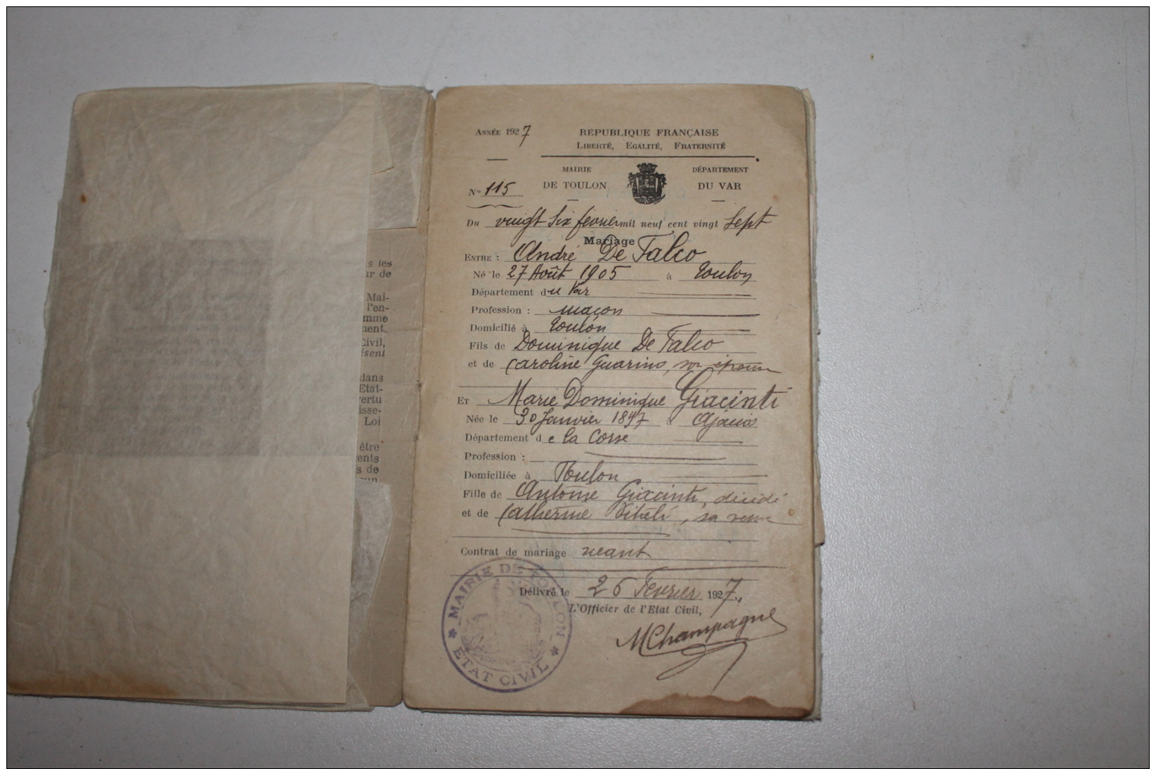 Livret De Famille Toulon 1927 - Documents Historiques