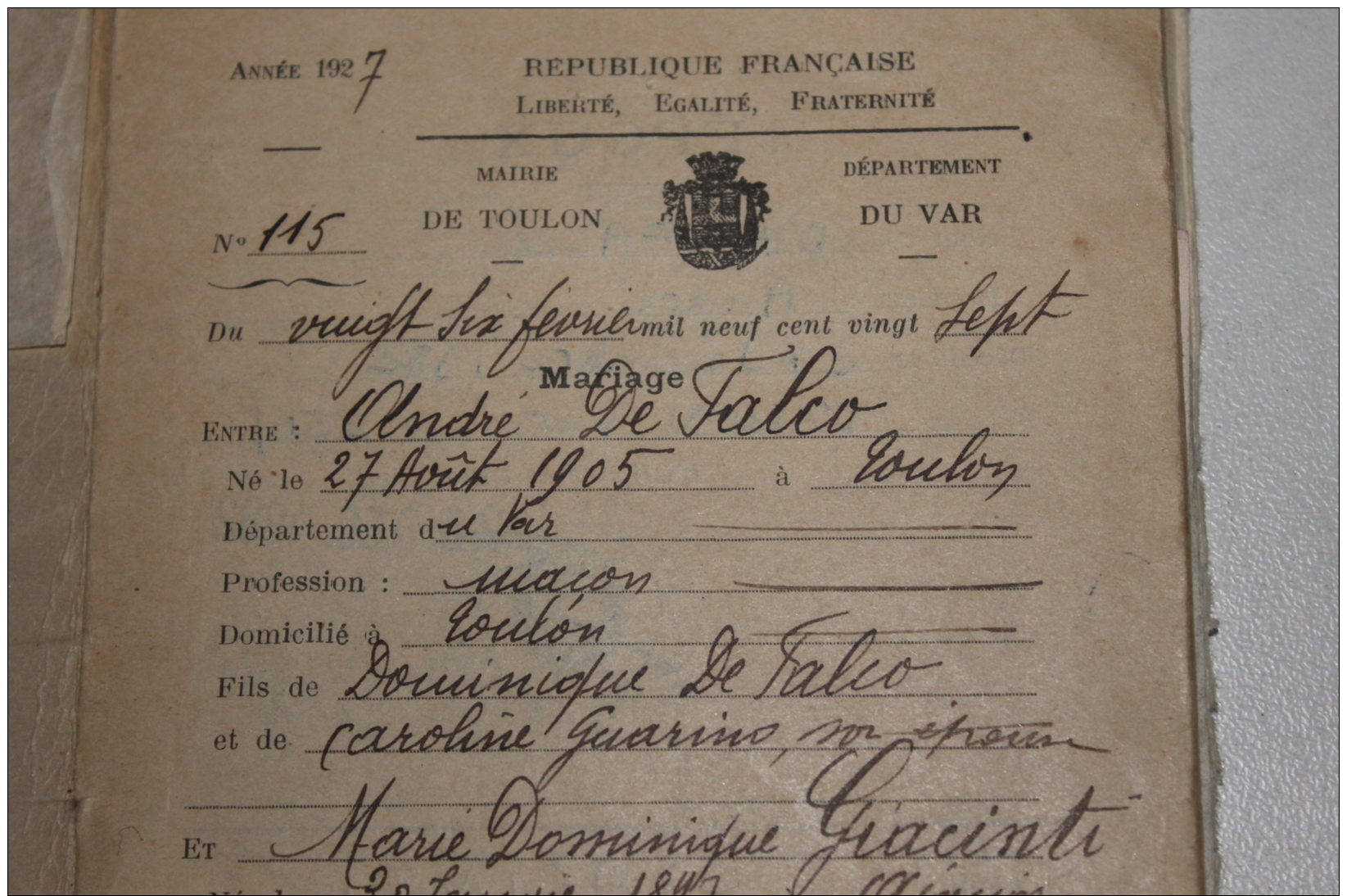 Livret De Famille Toulon 1927 - Documents Historiques