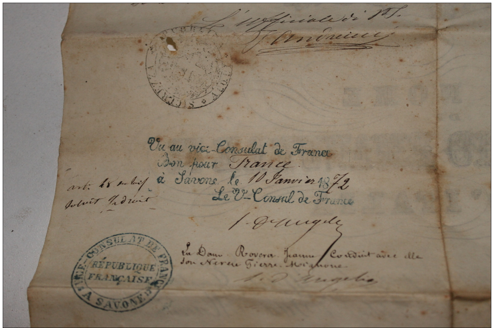 Passeport Italien 1872 Avec Tampon Du Consulat De France à Savone - Documents Historiques