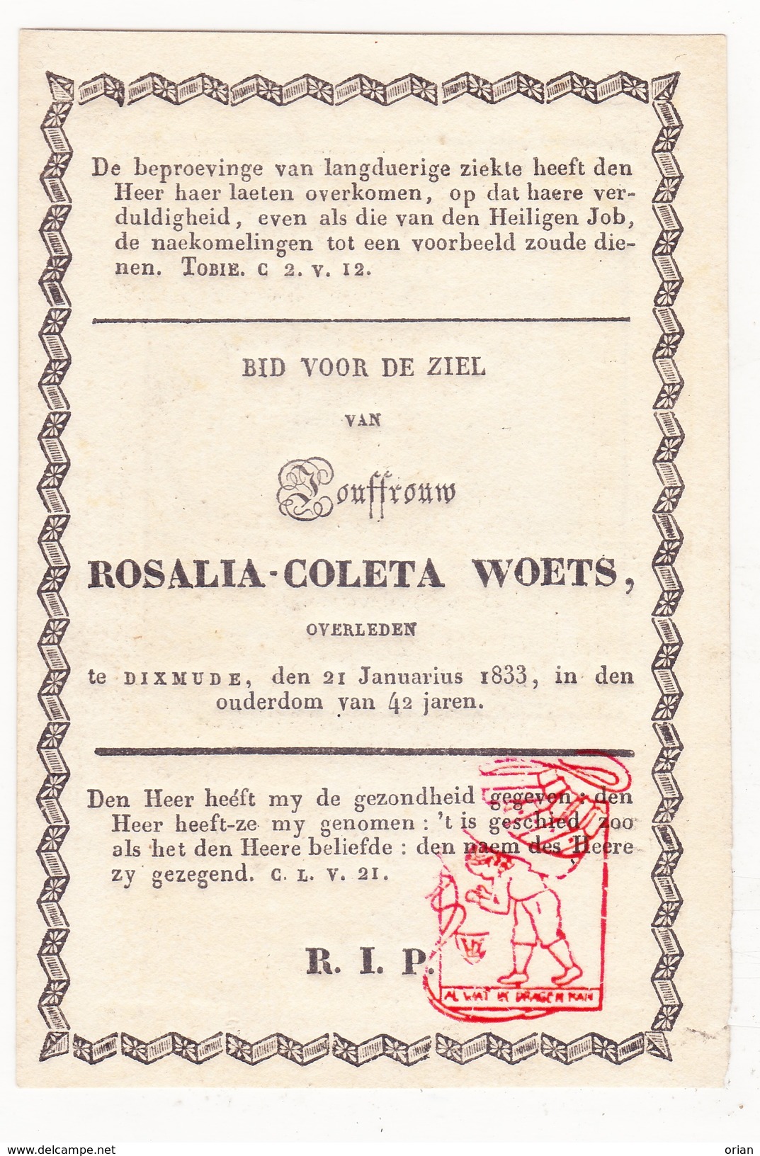 DP Rosalia Coleta Woets ° 1791 † Dixmude Diksmuide 1833 - Images Religieuses