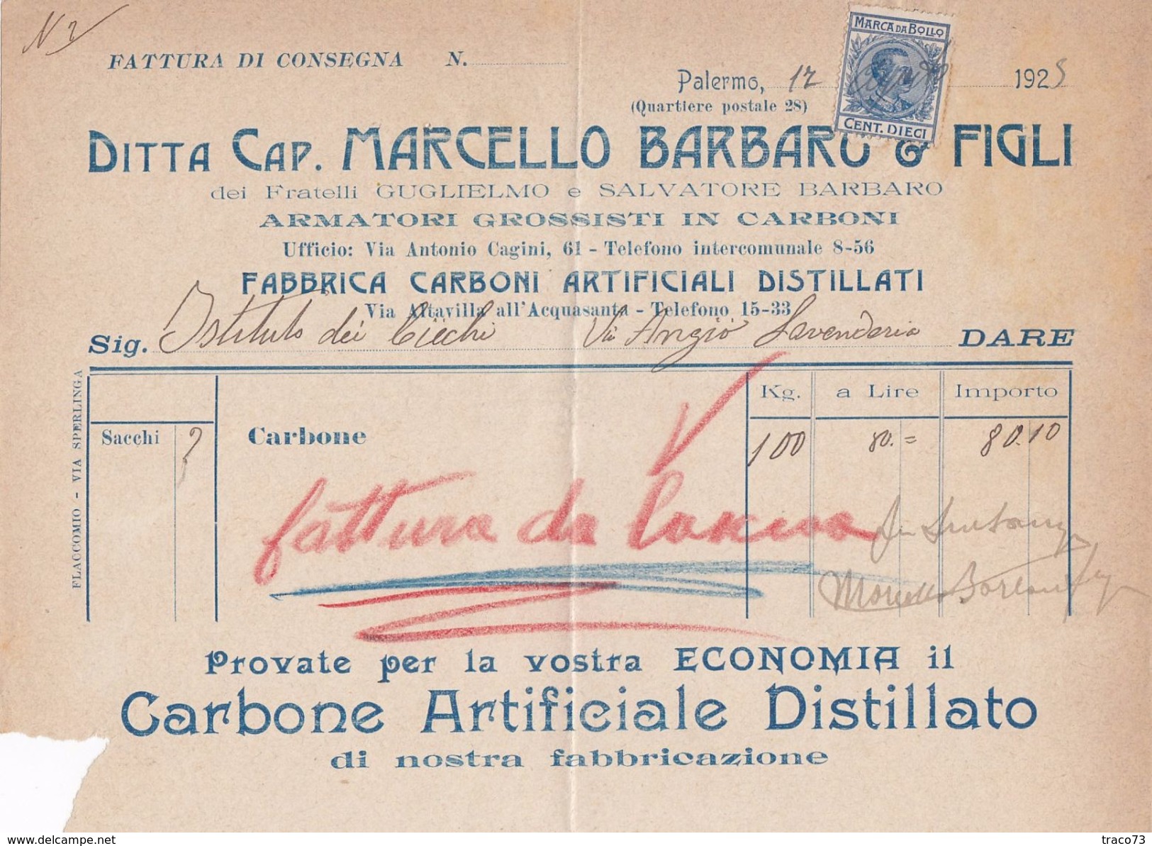 PALERMO  _ 1925  /  Ditta Cap. MARCELLO Barbaro & Figli - Documento Commerciale _ Marche Da Bollo - Italia