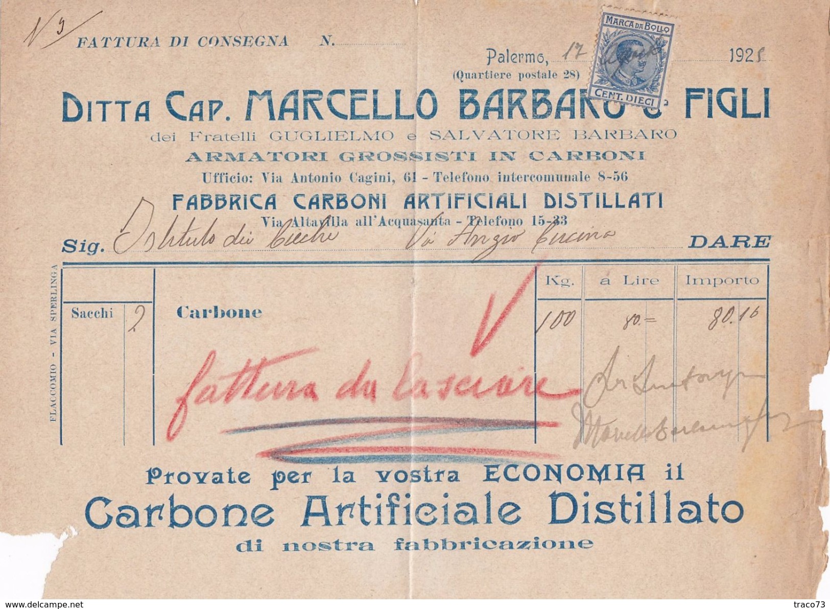 PALERMO  _ 1925  /  Ditta Cap. MARCELLO Barbaro & Figli - Documento Commerciale _ Marche Da Bollo - Italia