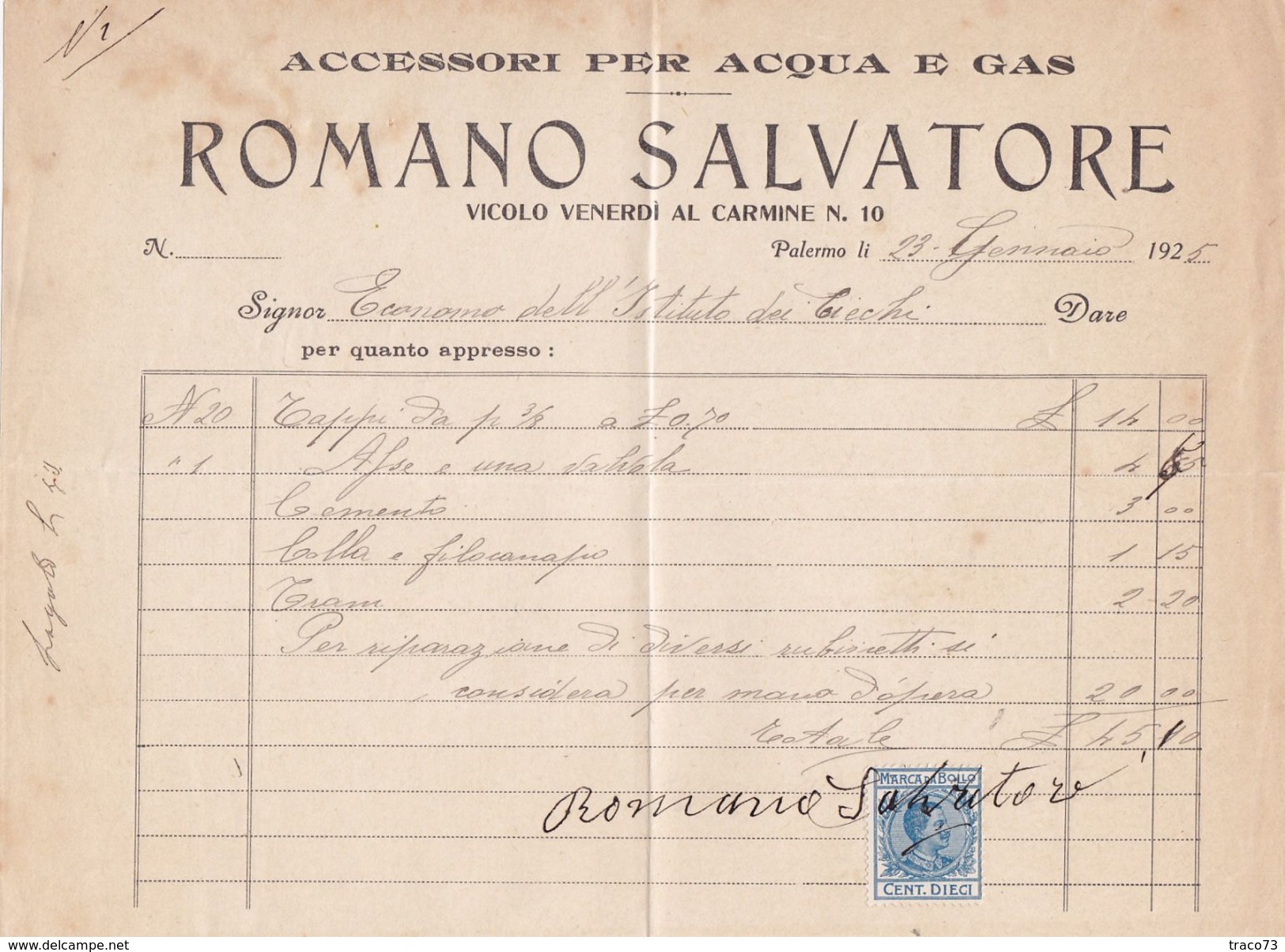 PALERMO  _ 1925  /  Accessori Per Acqua E Gas  ROMANO SALVATORE - Documento Commerciale _ Marche Da Bollo - Italie