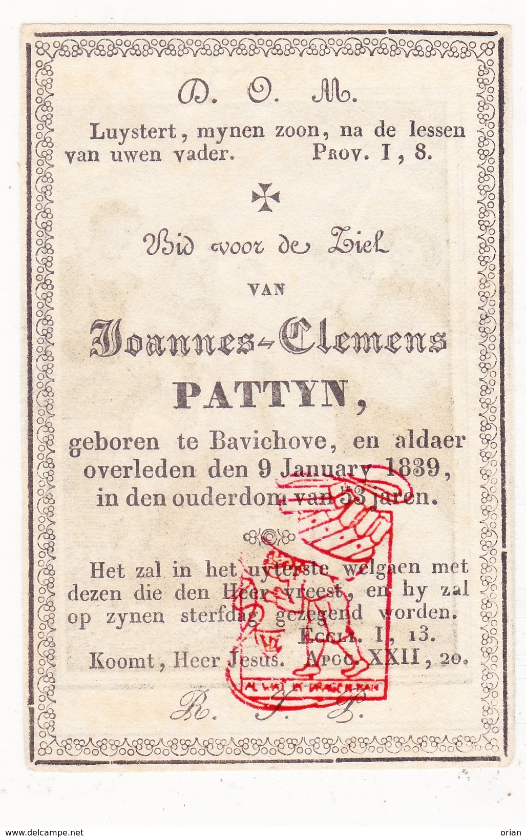 DP Joannes Clemens Pattyn ° Bavikhove Harelbeke 1786 † 1839 - Devotion Images