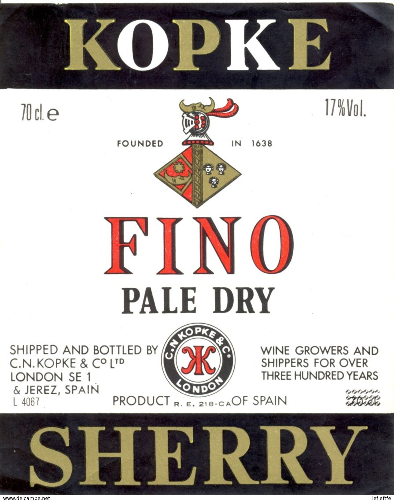 1401 - Espagne - Andalousie - Kopke Sherry - Fino Pale Dry - Shipped And Bottled By C.N. Kopke London - Jerez - Autres & Non Classés