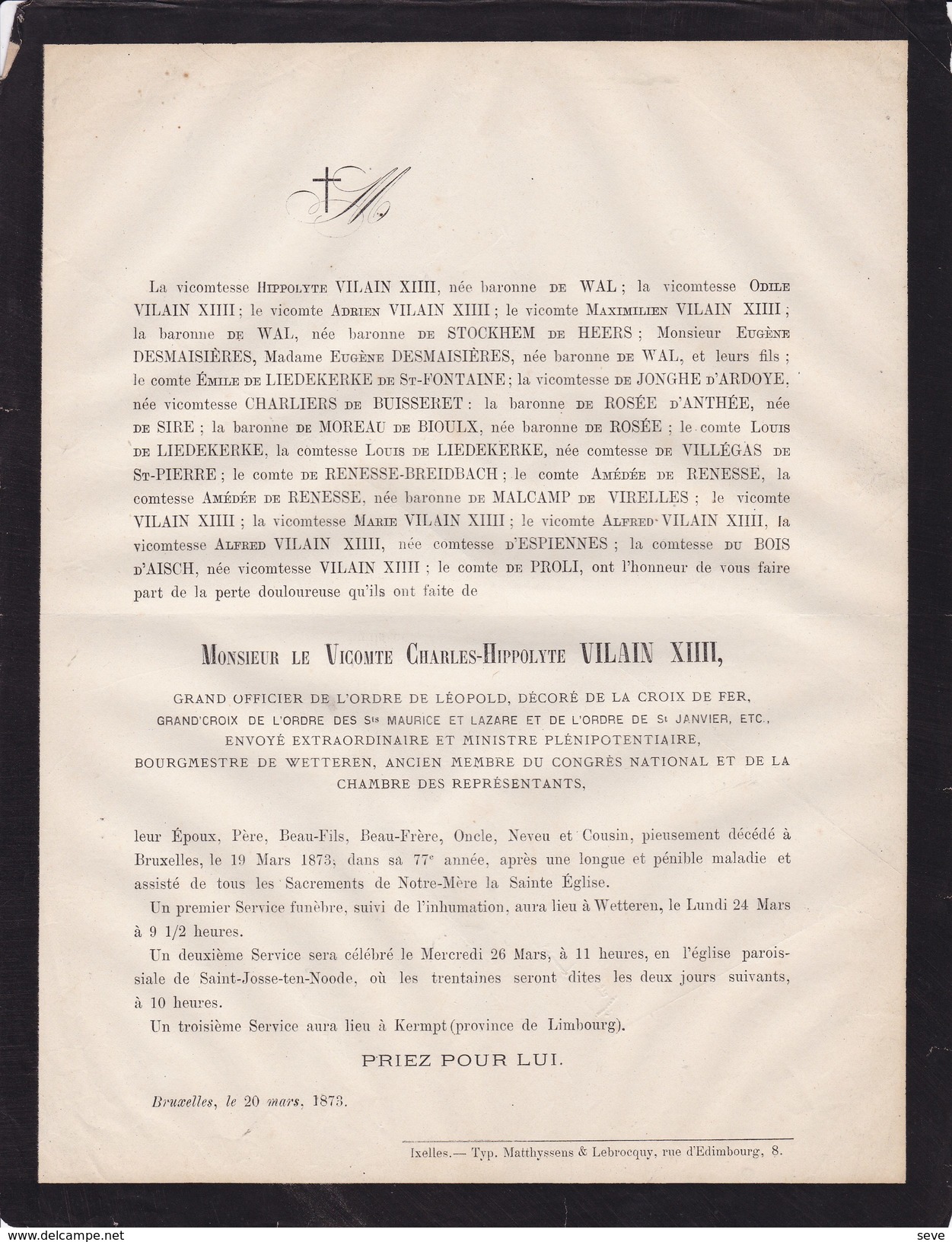 WETTEREN KREMPT Charles VILAIN XIIII Membre CONGRES NATIONAL 1830 CROIX De FER Député 77 Ans 1873 Burgemeester - Todesanzeige