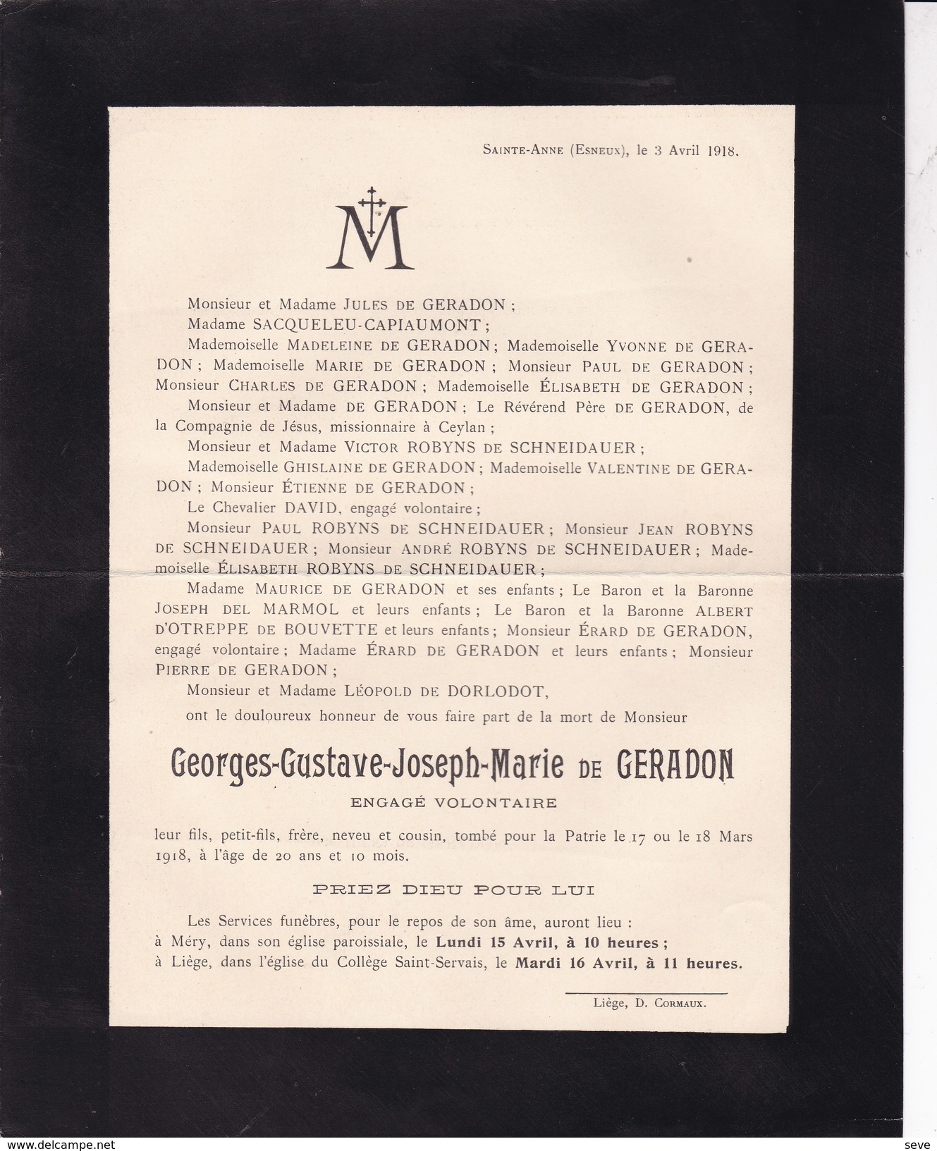 14-18 ESNEUX Georges De GERADON Engagé Volontaire Tombé Pour La Patrie 17 Ou 18 Mars 1918 Faire-part Décès - Décès