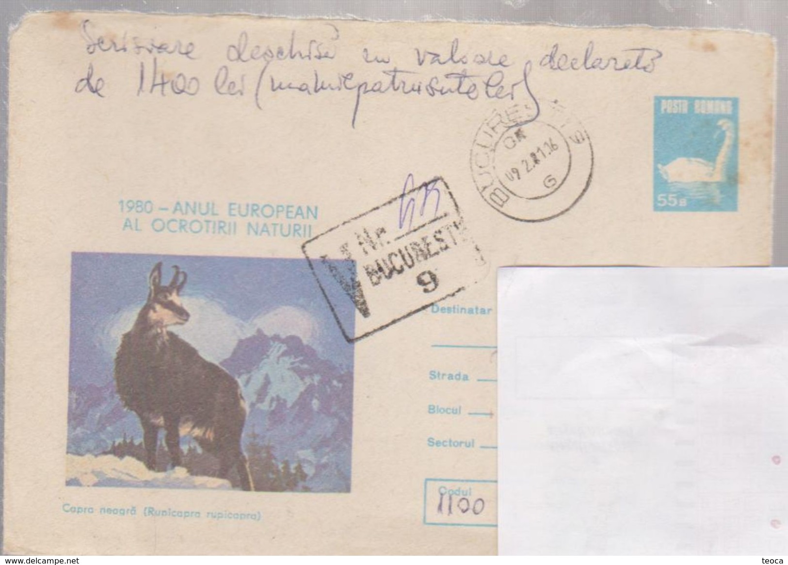 Cover Roumanie, 1980  BLACK GOAT,  CIRCULATED : OPEN LETTER WORTH 1400 LEI  CIRCULATED BUCURESTI AT CRAIOVA - Enteros Postales