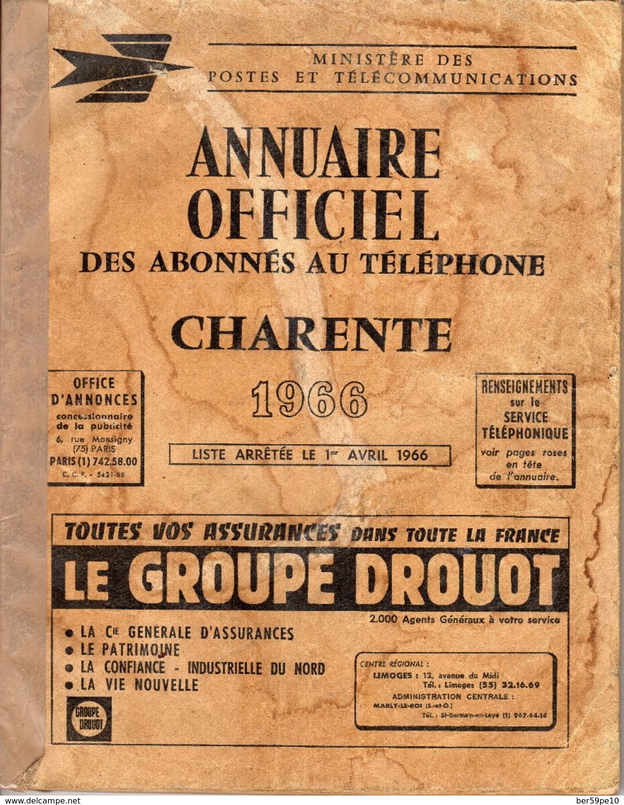 ANNUAIRE OFFICIEL CHARENTE 1966 DES ABONNES AU TELEPHONE - Annuaires Téléphoniques