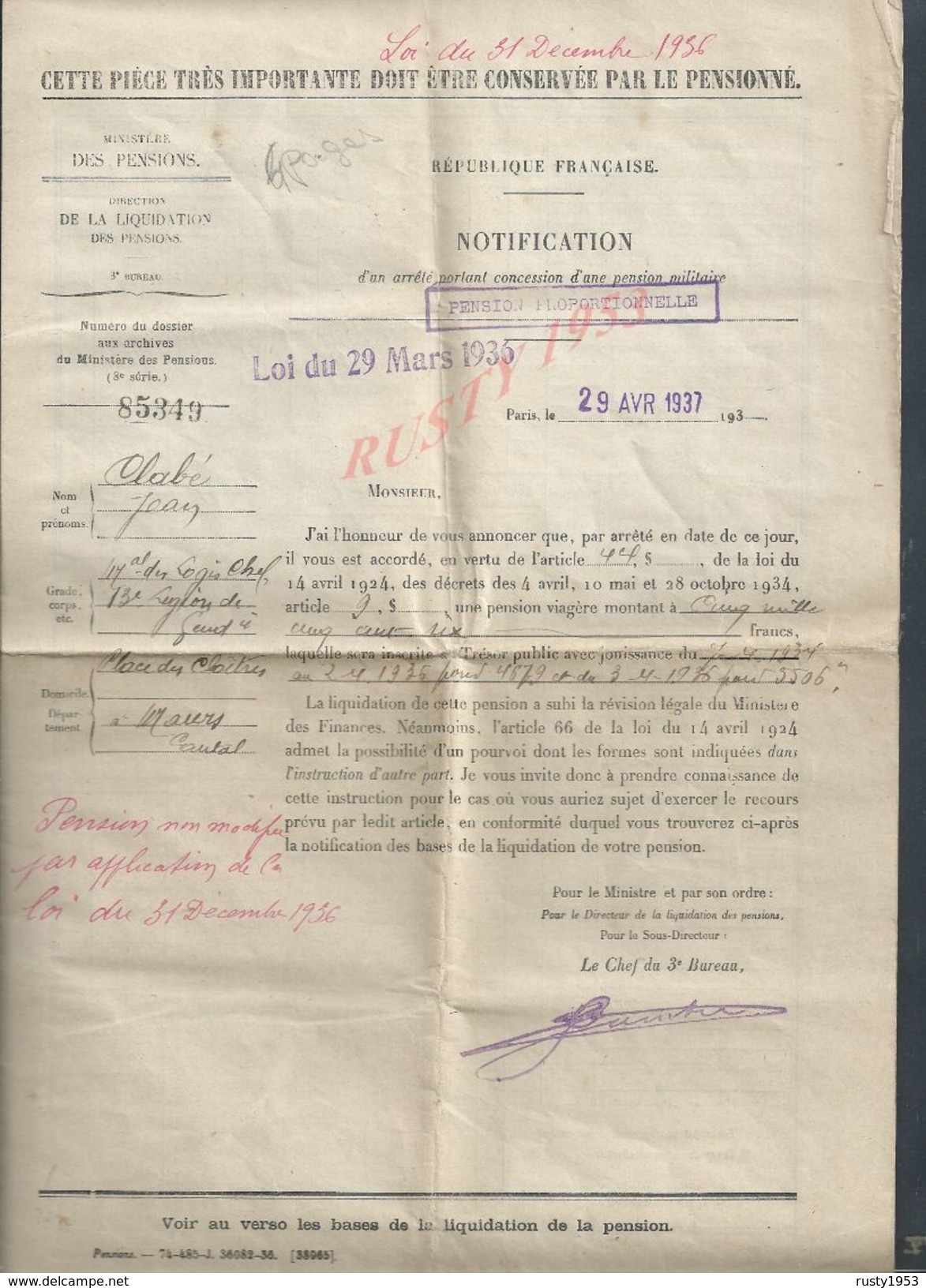 MILITARIA PENSIONS MILITAIRE CLABÉ JEAN Mar DES LOGIS 13e DE GENDARMERIE À MAURS CANTAL 1936 ORDE MISSION  AURILLAC - Police