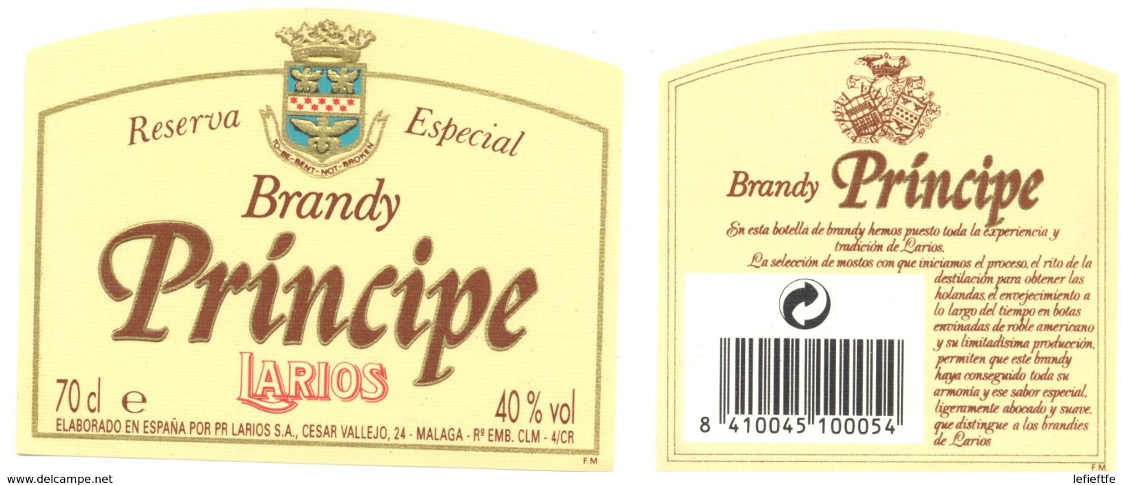 1402 - Espagne - Andalousie - Reserva Especial - Brandy Principe - Larios - Málaga - Autres & Non Classés