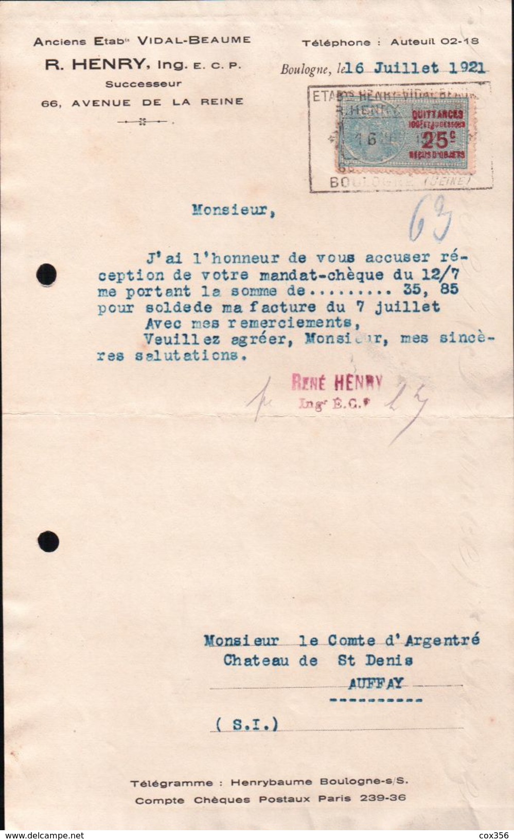 FACTURE EN TÈTE ILLUSTRE R.HENRY Anciens Etab VIDAL BEAUME à BOULOGNE Pour M Le COMTE D'ARGENTRE Château St DENIS AUFFAY - Sonstige & Ohne Zuordnung