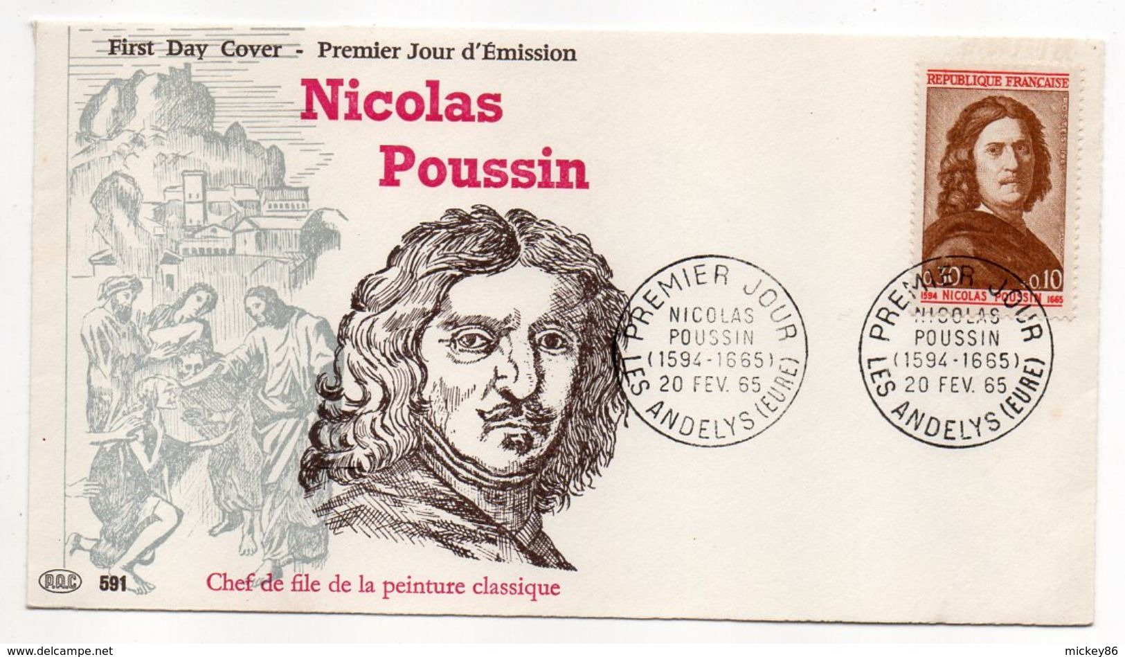 1965--FDC   Nicolas POUSSIN--Peinture Classique--cachet 1er Jour--27--LES ANDELYS - 1960-1969