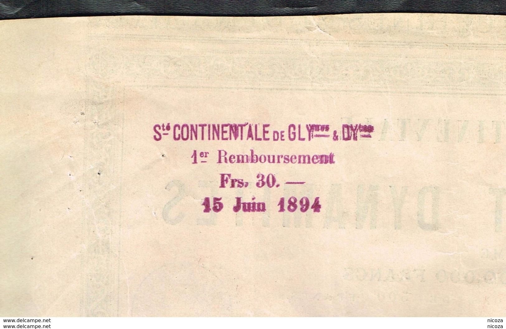 1885 Soc. Continentale De Glycerines Et Dynamites - Andere & Zonder Classificatie