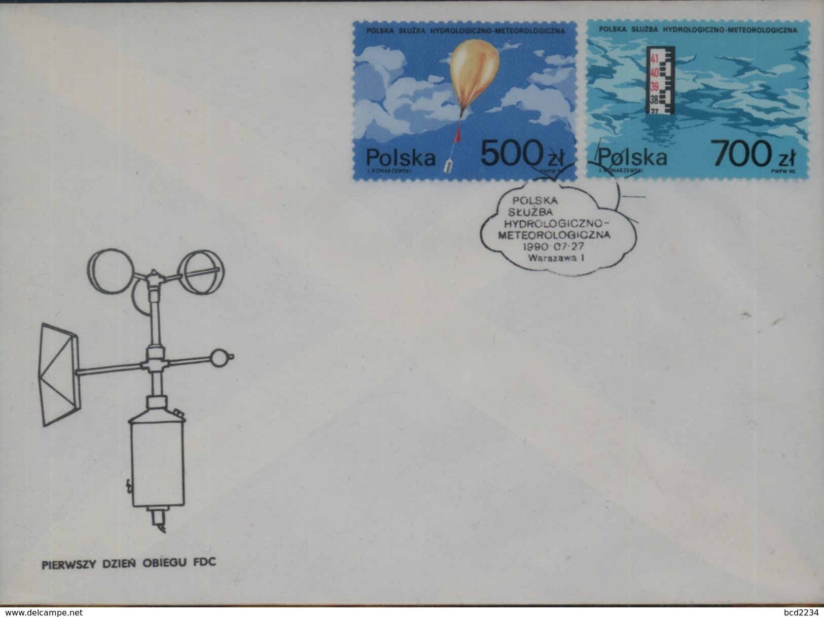 POLAND FDC 1990 POLISH HYDROLOGY & METEOROLOGY SERVICE WEATHER BALLOON WATER HEIGHT GAUGE - FDC