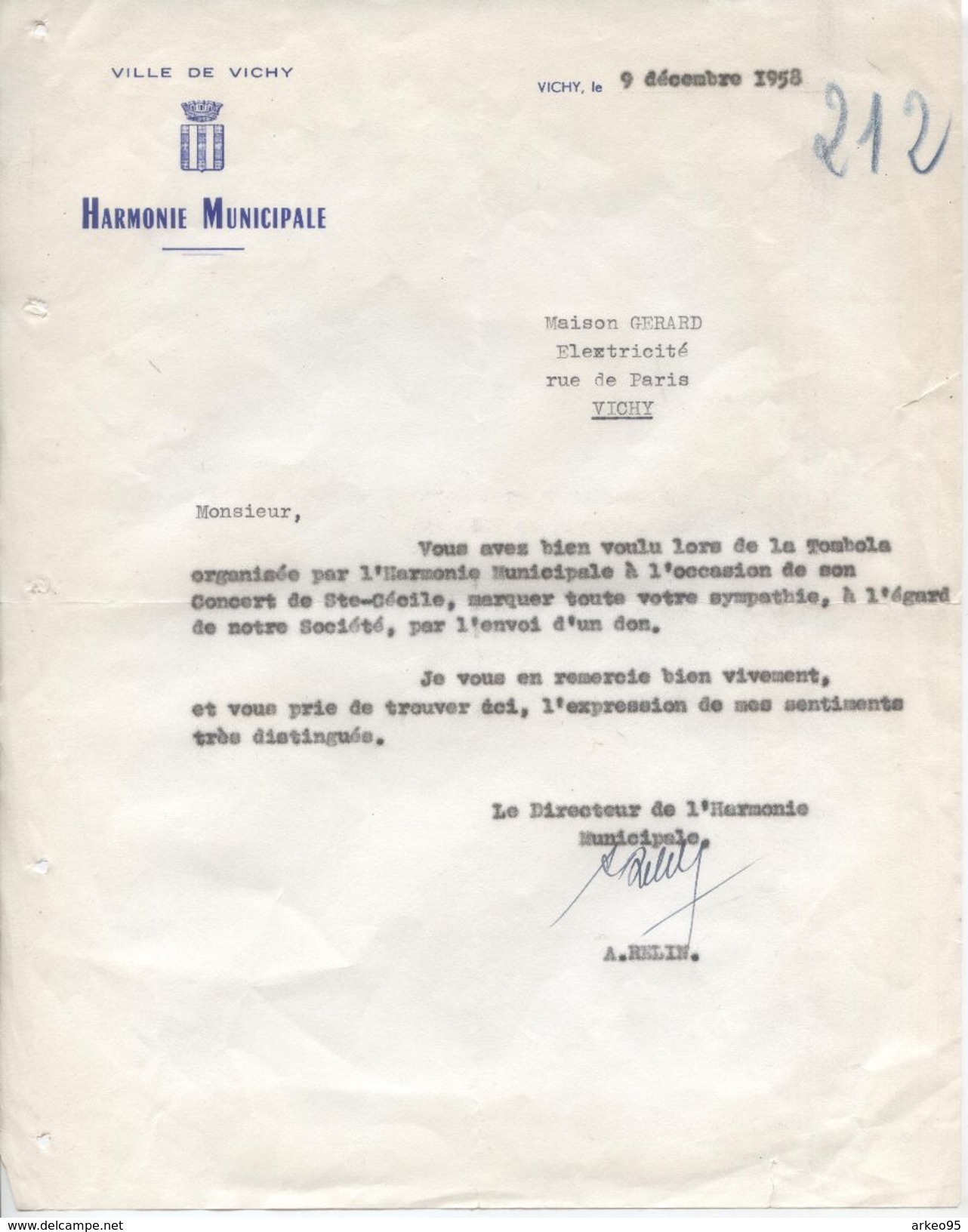 Lettre De L'Harmonie Municipale De Vichy, 9/12/1958 - Historical Documents