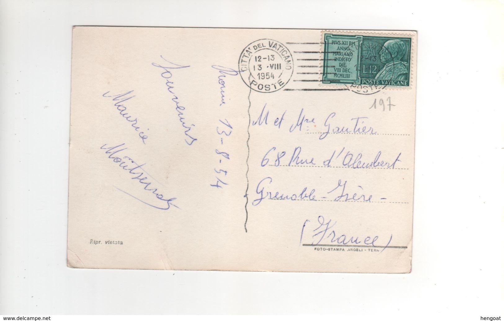Timbre Yvert N° 197 Sur Carte , Postcard  Le 13 VIII 1954 , Pour La France - Lettres & Documents