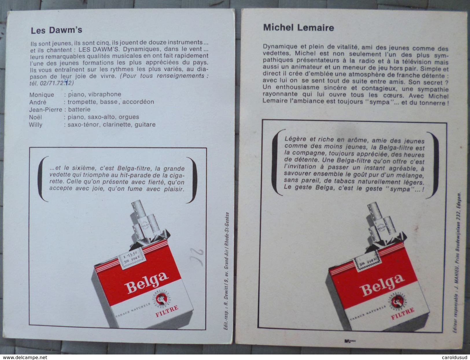 Lot 2x Carte Fiche 10 X 15 Photo ARTISTE Les Dawm's Et Michel Lemaire Dos Publicite Cigarette Cigarettes Belga Filtre - Sammlungen & Sammellose