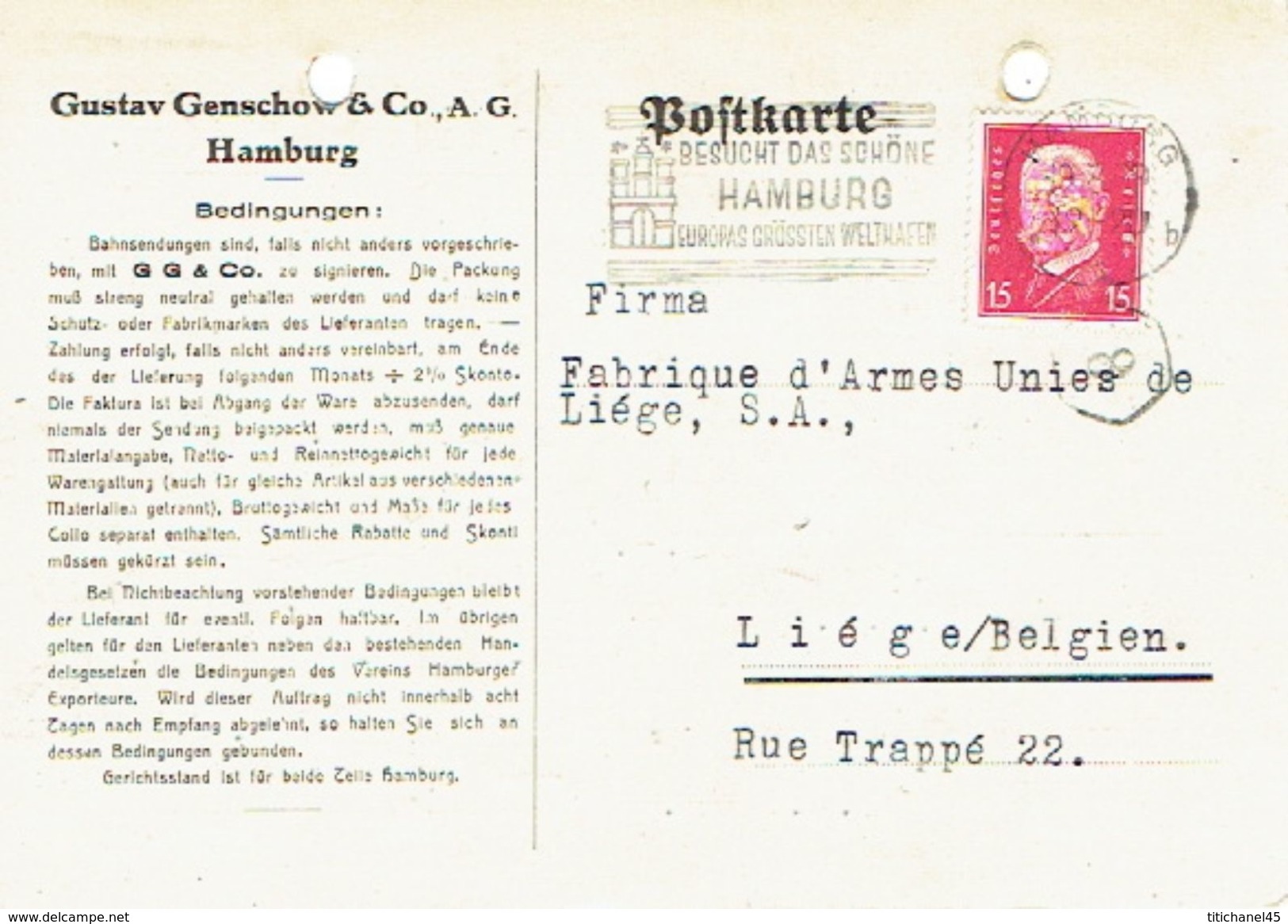 1929, HAMBURG To LÜTTICH (BELGIUM) Firmenlochung Perfin "G" Auf Postkarte GUSTAV GENSCHOW & Co, HAMBURG - Briefe U. Dokumente