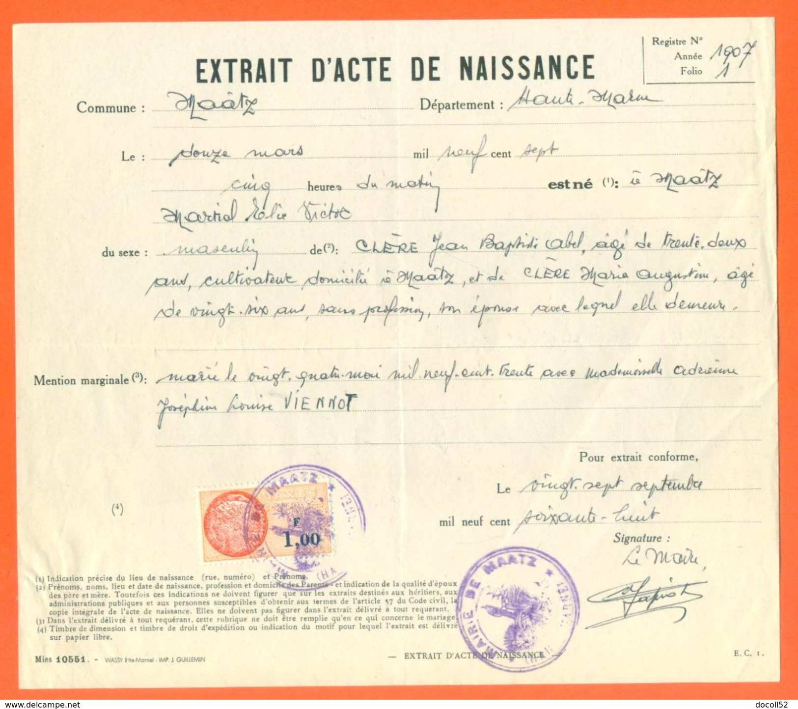 52 Maatz - Généalogie - Extrait Acte De Naissance En 1907 - Timbre Fiscal - VPAN 3 - Naissance & Baptême