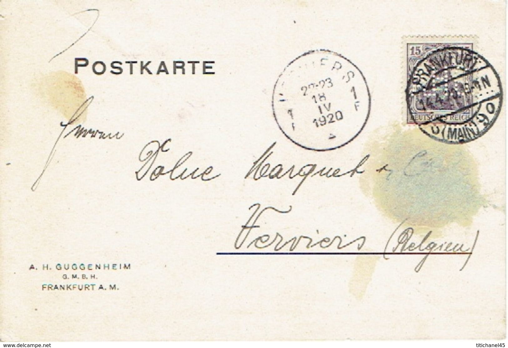 1920, FRANKFURT To LÜTTICH (BELGIUM) Firmenlochung Perfin "A.H.G." Auf Postkarte A.H. GUGGENHEIM, FRANKFURT - Briefe U. Dokumente