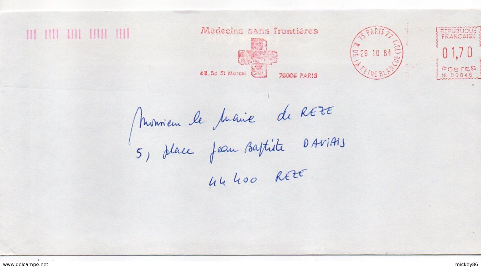 EMA--1984--PARIS 77 -75 -Pub "Médecins Sans Frontières"  Sur Lettre Pour REZE-44 - EMA (Empreintes Machines à Affranchir)