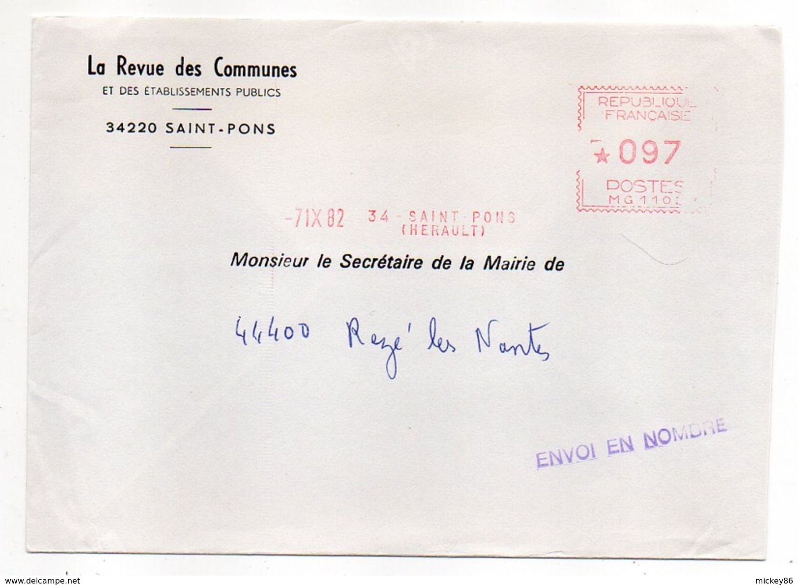 EMA--1982--SAINT PONS --34-- Sur Lettre Pour REZE-44--griffe "Envoi En Nombre"-personnalisée "La Revue Des Communes" - EMA (Empreintes Machines à Affranchir)