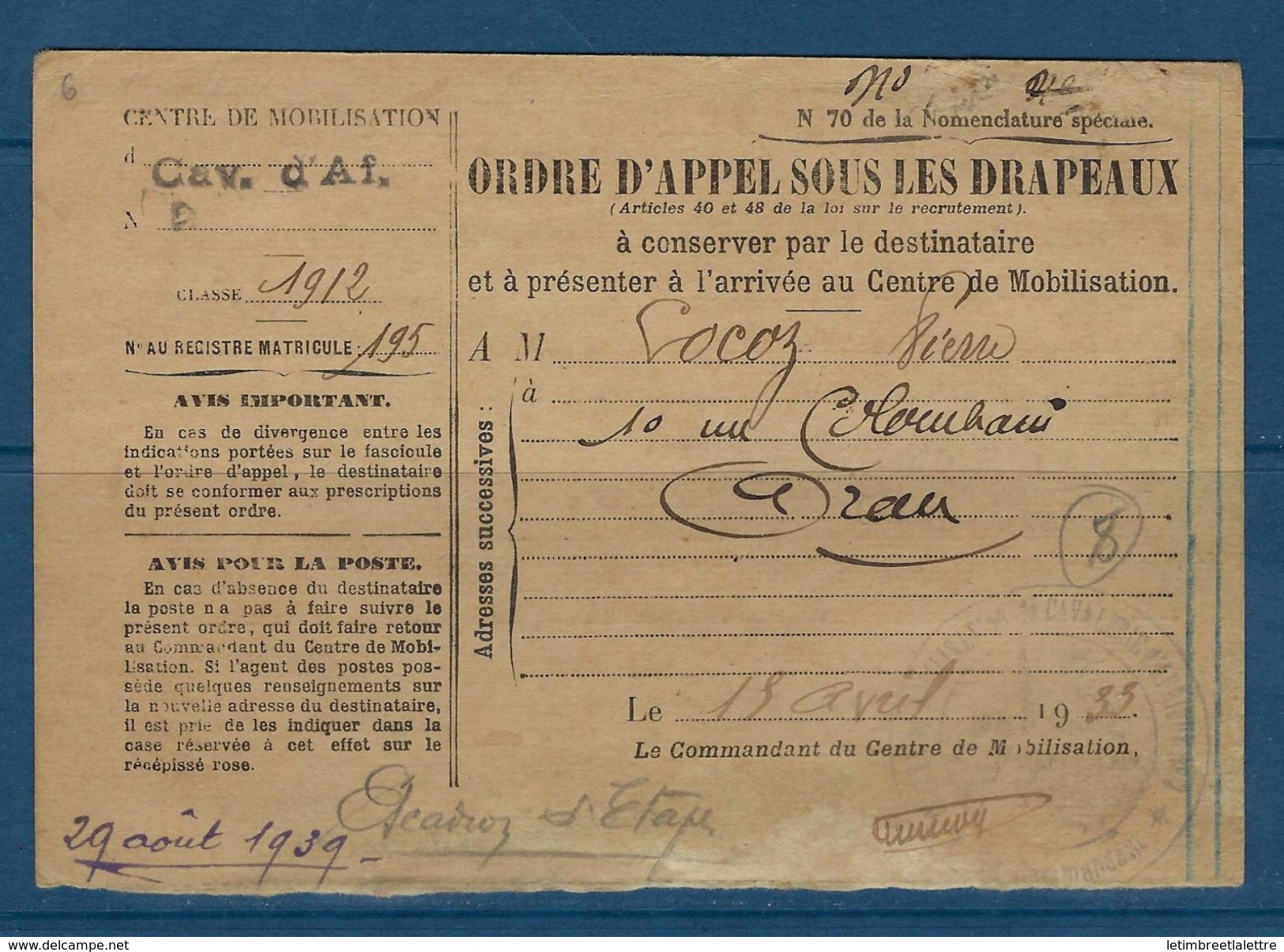 Carte De Service Militaire De Tlemcen ( Algérie ) Le 29 Aout 1939, Centre De Mobilisation De Cavalerie D'af. N° 2 - Cachets Militaires A Partir De 1900 (hors Guerres)