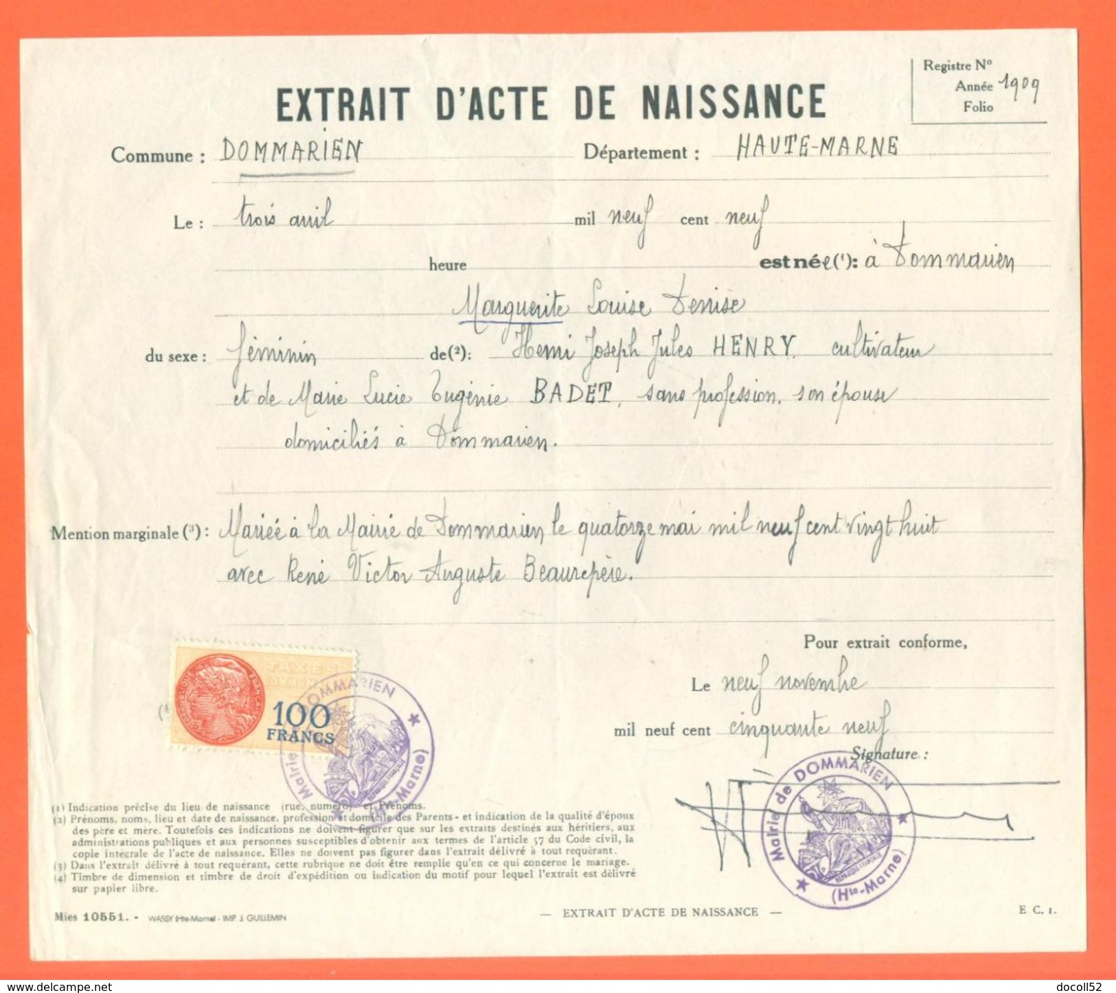 52 Dommarien - Généalogie - Extrait Acte De Naissance En 1909 - Timbre Fiscal - VPAN 3 - Naissance & Baptême