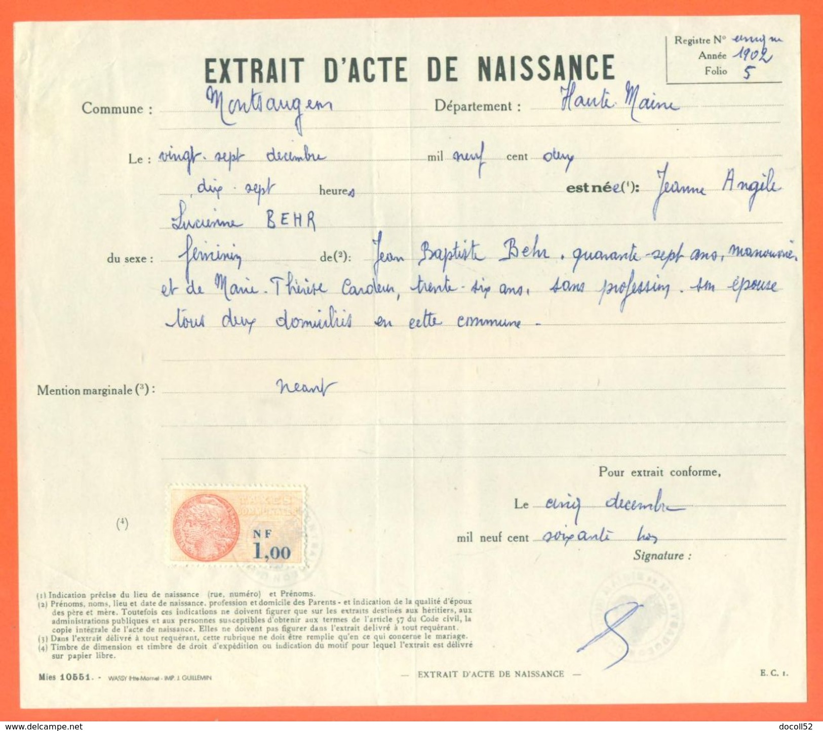 52 Montsaugeon - Généalogie - Extrait Acte De Naissance En 1902 - Timbre Fiscal - VPAN 3 - Naissance & Baptême