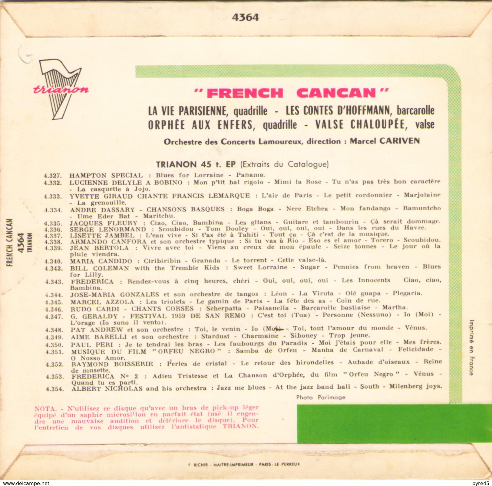 45 TOURS MARCEL CARIVEN FRENCH CANCAN TRIANON 4364 LA VIE PARISIENNE / LES CONTES D HOFFMAN / + 2 - Comiques, Cabaret