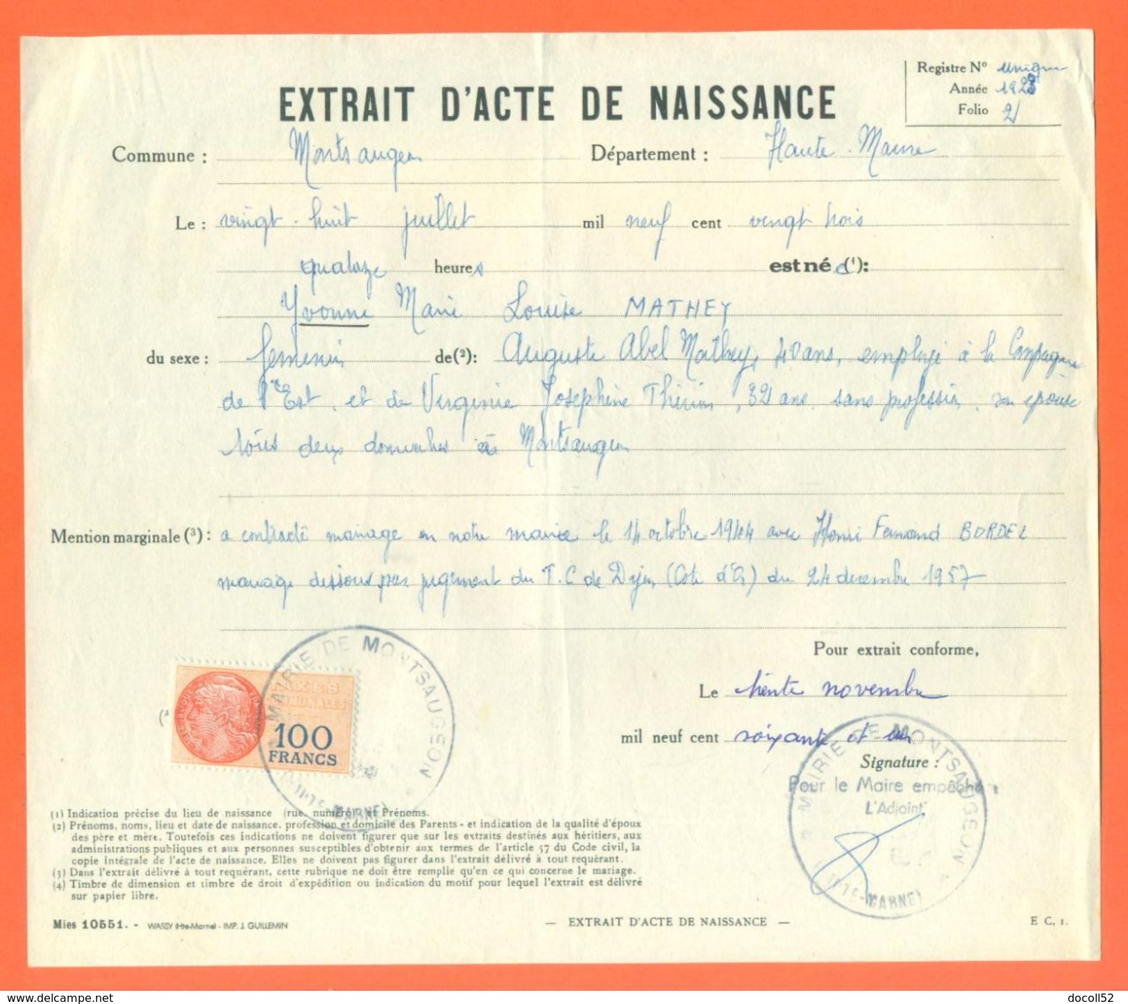 52 Montsaugeon - Généalogie - Extrait Acte De Naissance En 1923 - Timbre Fiscal - VPAN 3 - Naissance & Baptême