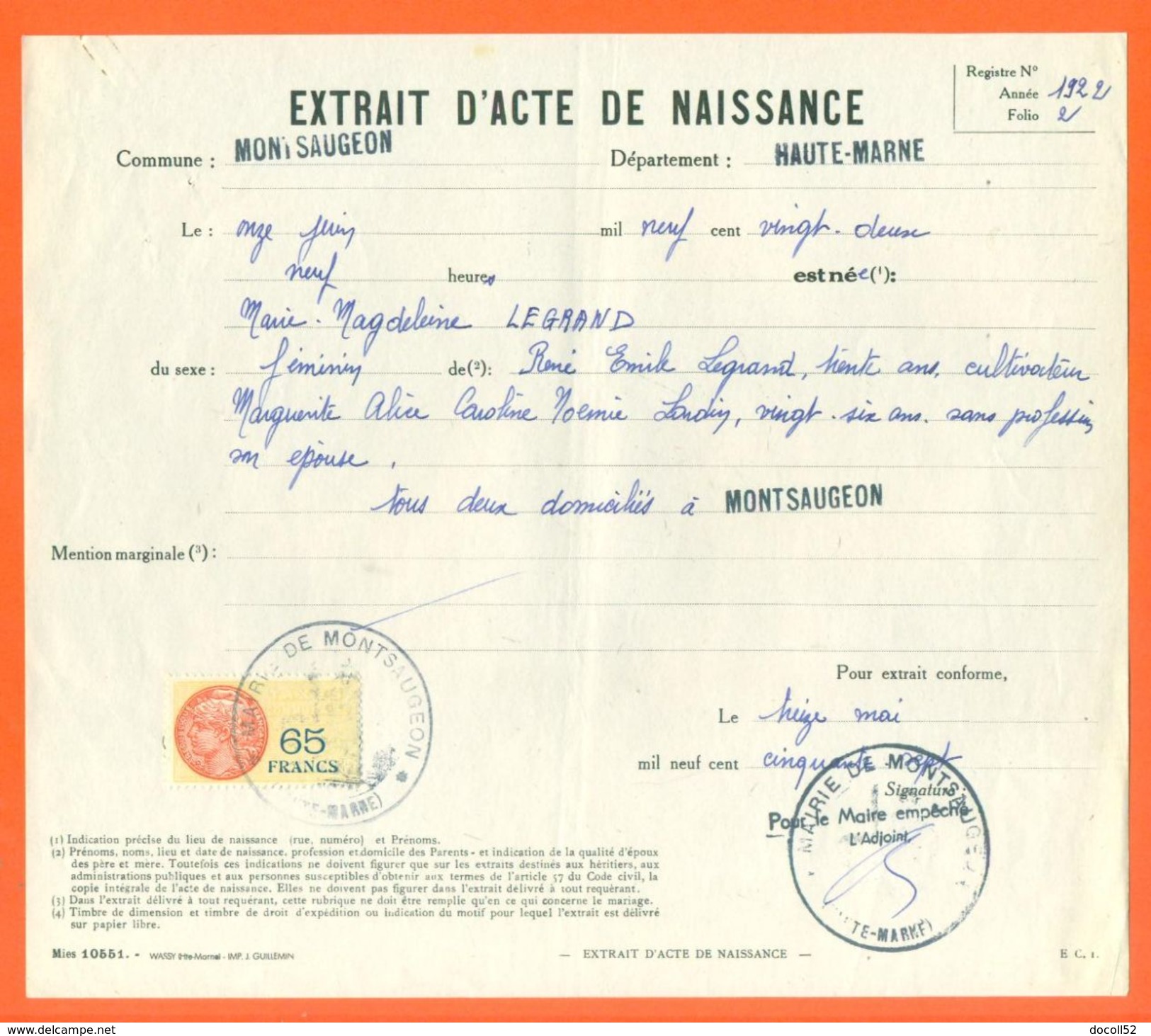 52 Montsaugeon - Généalogie - Extrait Acte De Naissance En 1922 - Timbre Fiscal - VPAN 3 - Naissance & Baptême