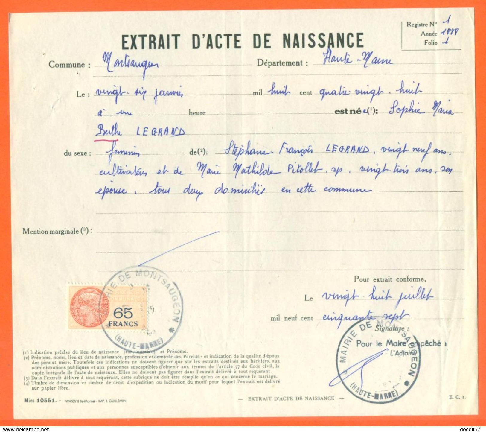 52 Montsaugeon - Généalogie - Extrait Acte De Naissance En 1888 - Timbre Fiscal - VPAN 3 - Geburt & Taufe