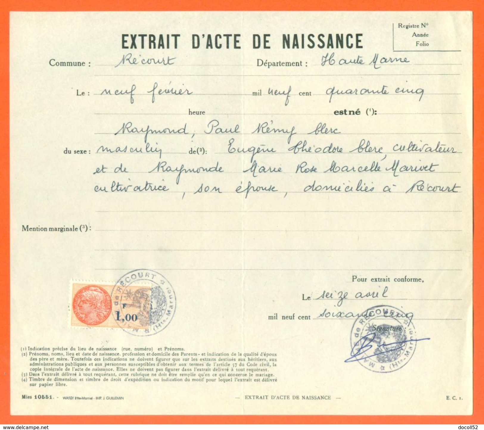 52 Récourt - Généalogie - Extrait Acte De Naissance En 1945 - Timbre Fiscal - VPAN 3 - Naissance & Baptême