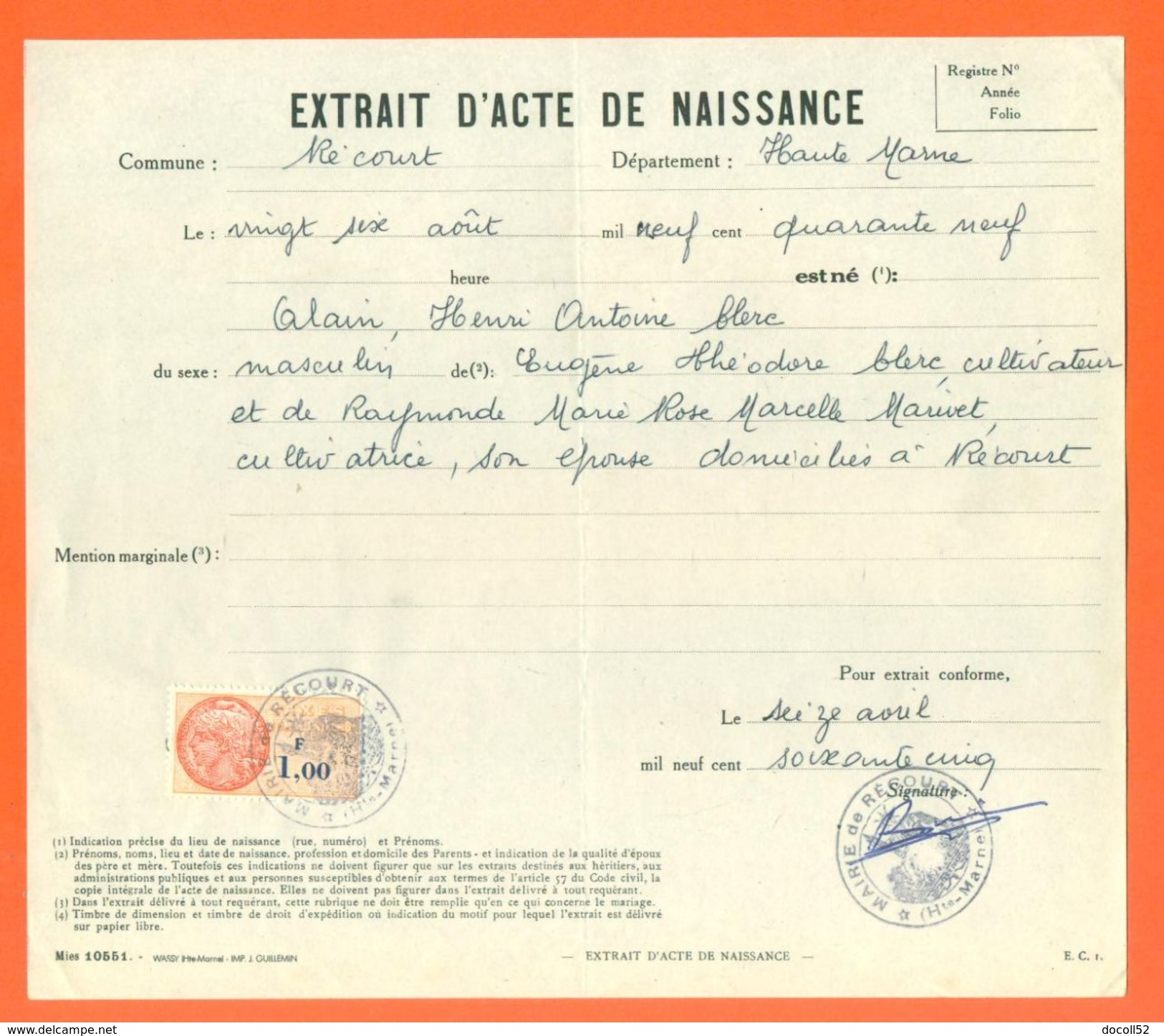 52 Récourt - Généalogie - Extrait Acte De Naissance En 1949 - Timbre Fiscal - VPAN 3 - Naissance & Baptême