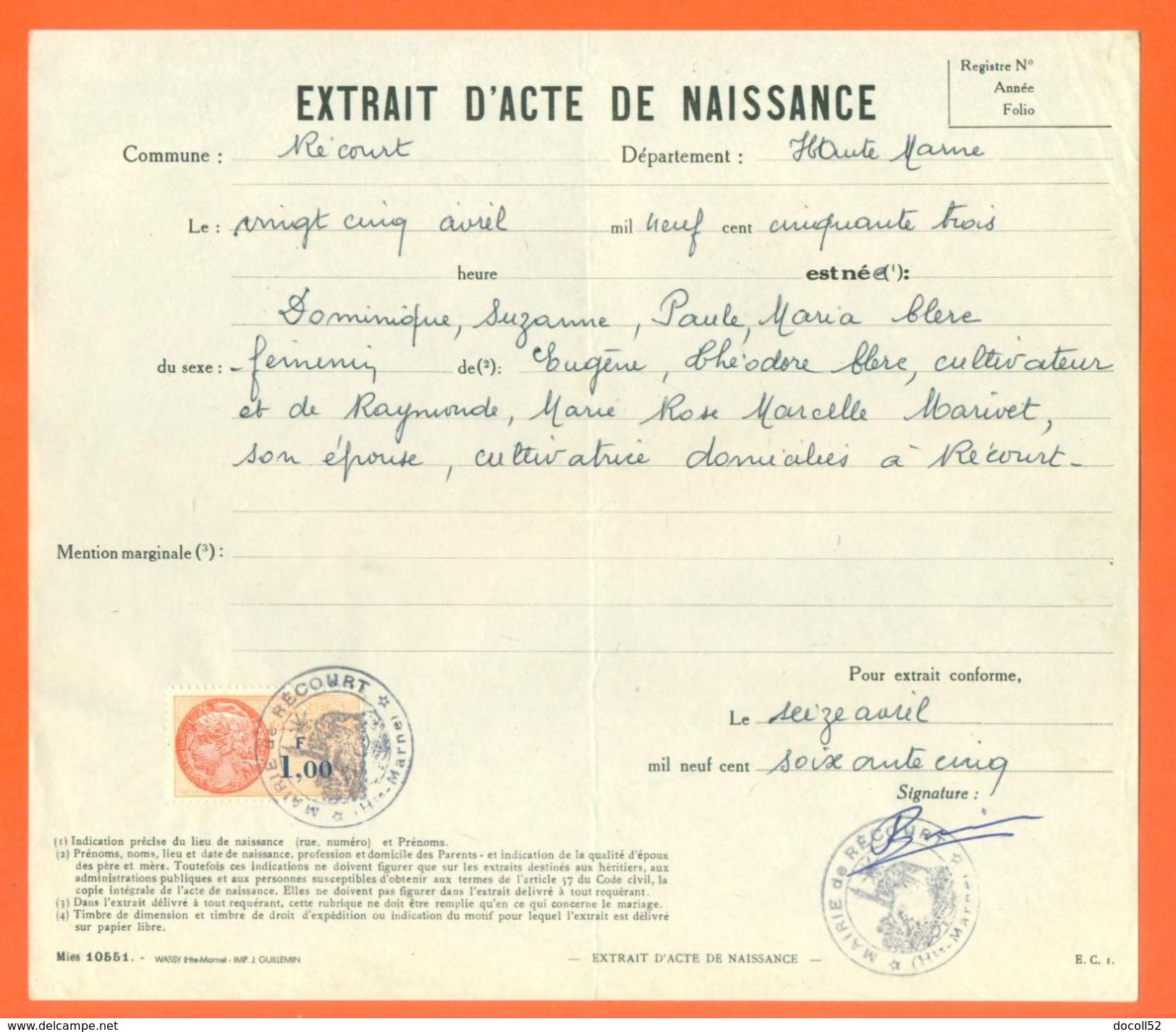 52 Récourt - Généalogie - Extrait Acte De Naissance En 1953 - Timbre Fiscal - VPAN 3 - Naissance & Baptême