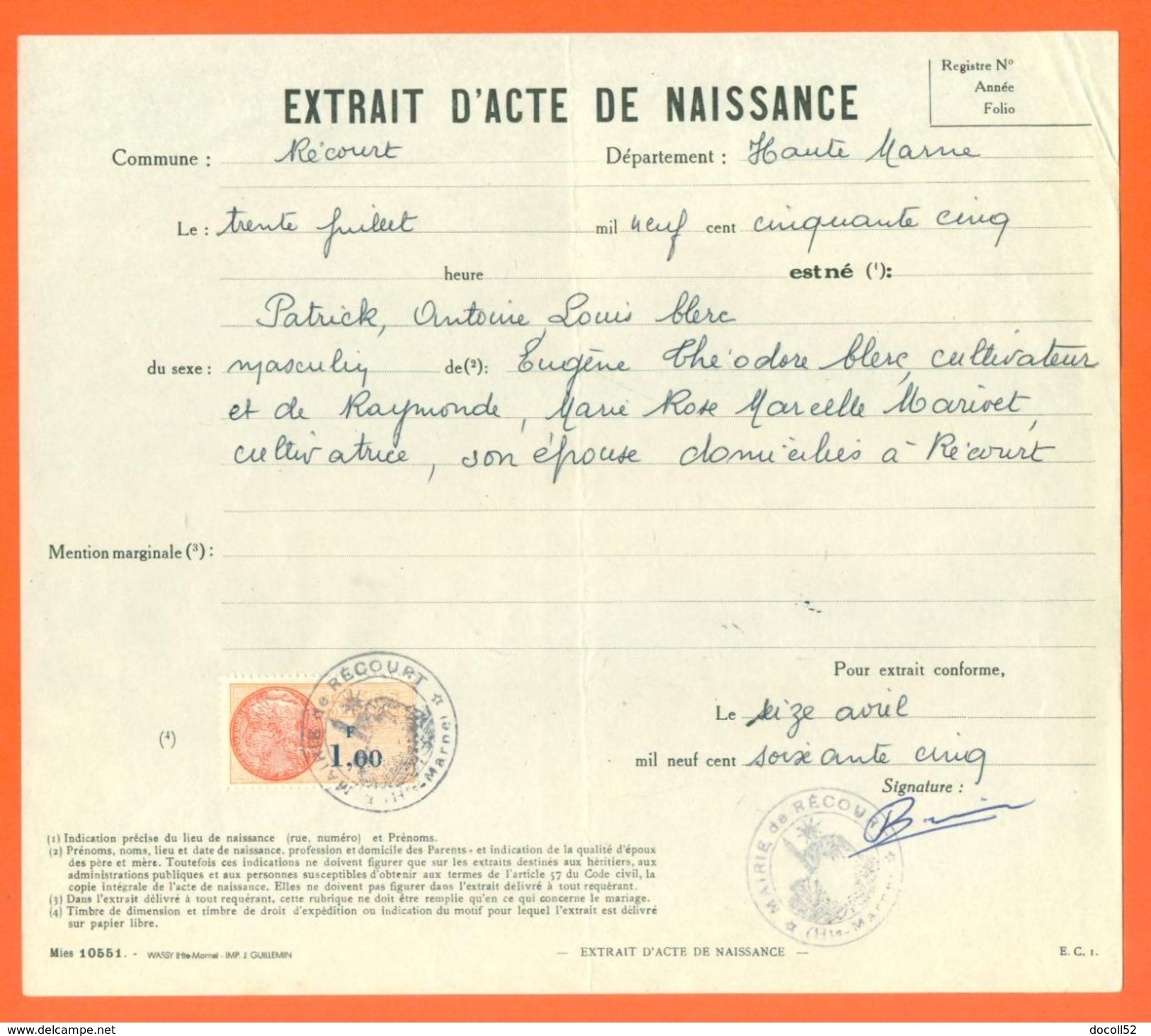52 Récourt - Généalogie - Extrait Acte De Naissance En 1955 - Timbre Fiscal - VPAN 3 - Naissance & Baptême